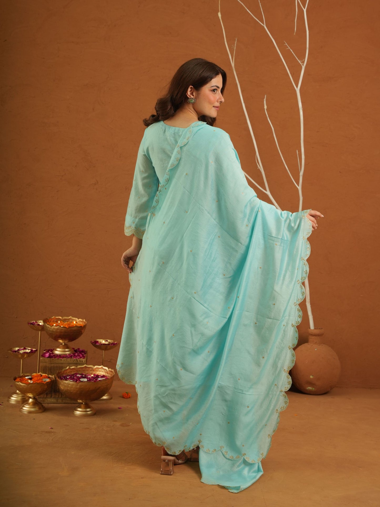 Noormahal Sky Chanderi Aariwork Suit Set