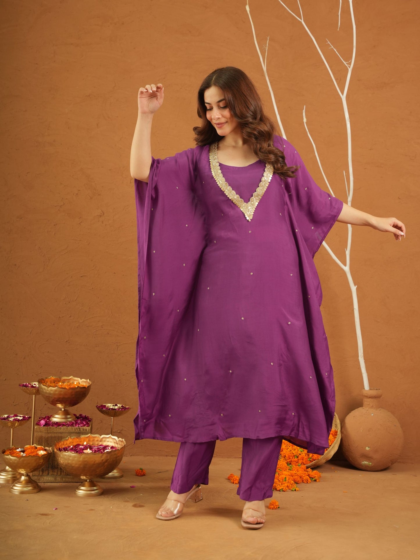 Kohinoor Purple Maslin Aari Kaftan Set