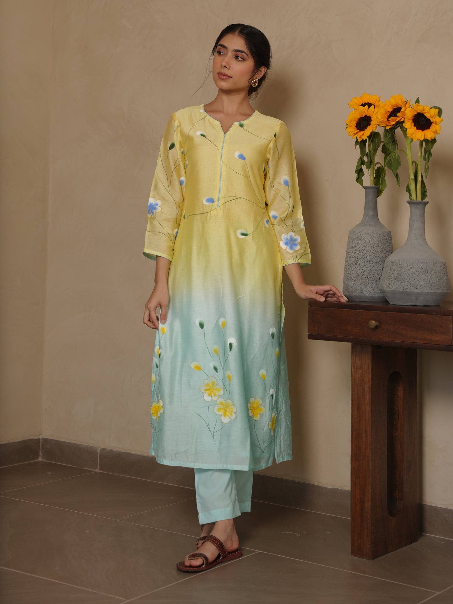 FLAMINGO YELLOW SHADED CHANDERI HAND PAINT SUIT SET