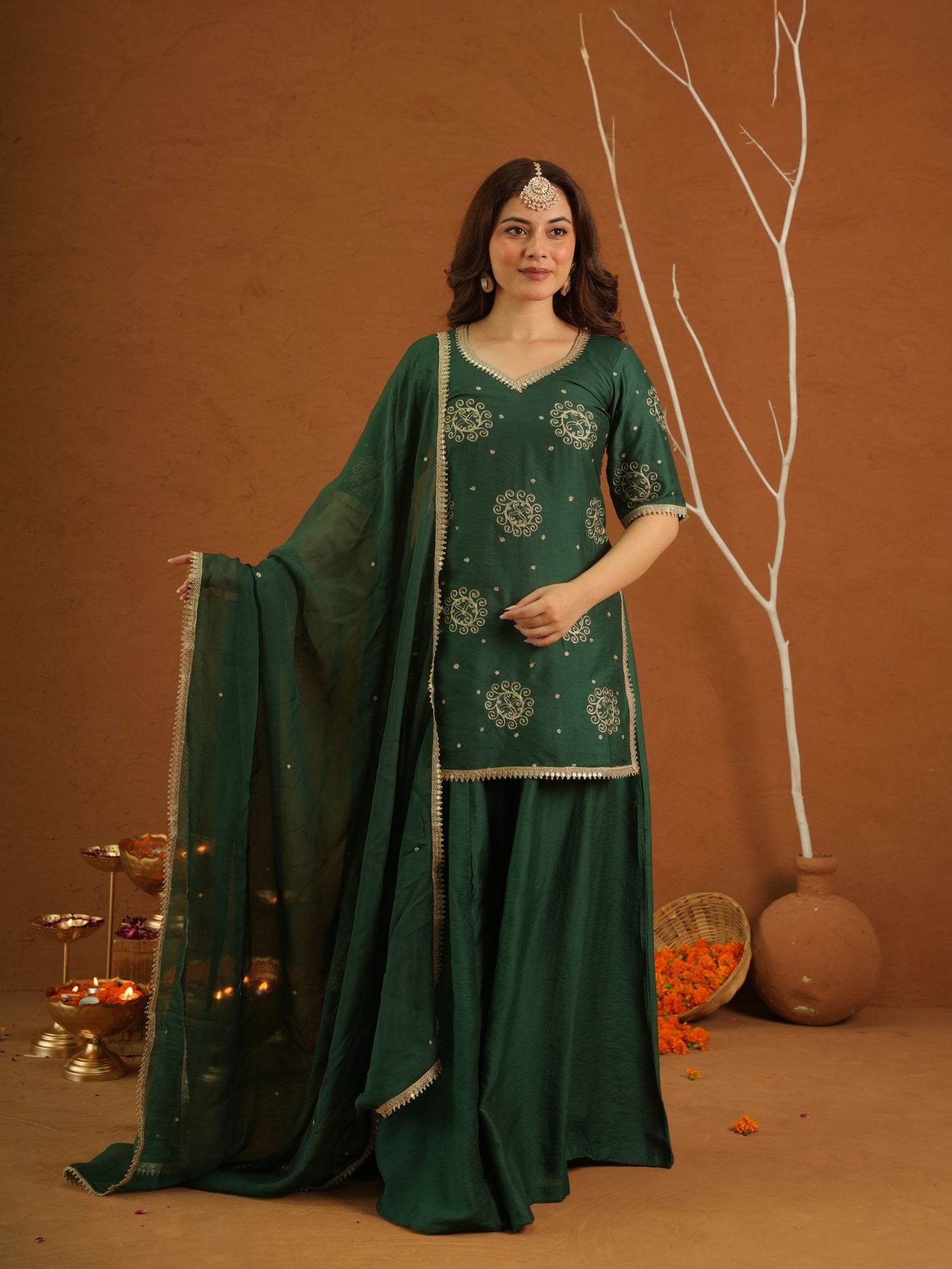 Tarannum Green Muslin Zariwork Sharara Set