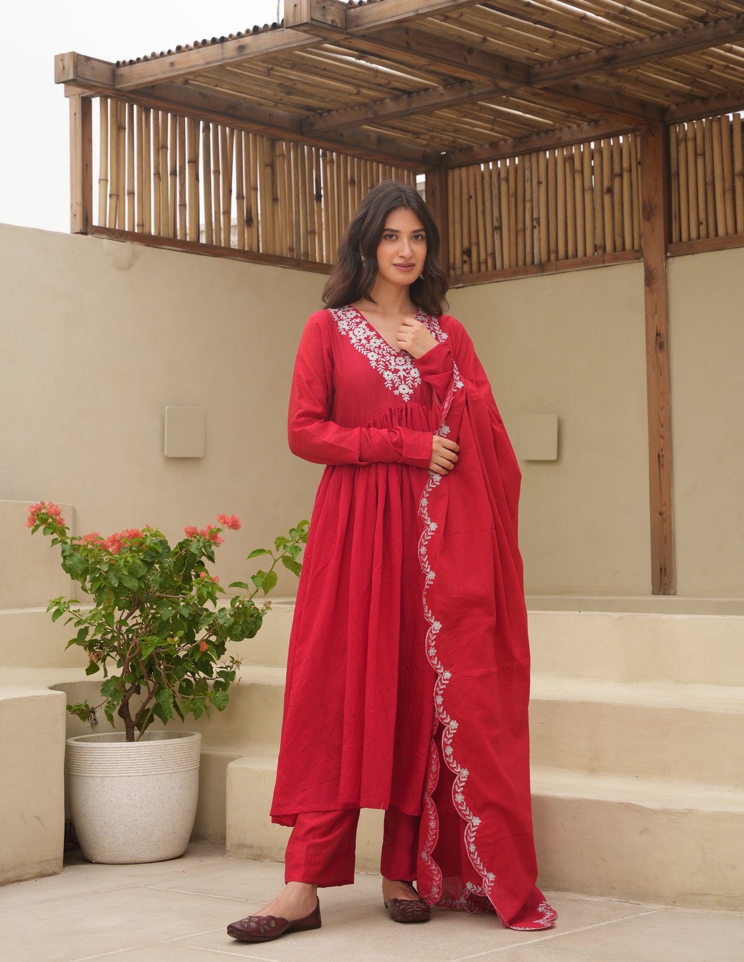 Red Chanderi Aari Embroidered Suit Set