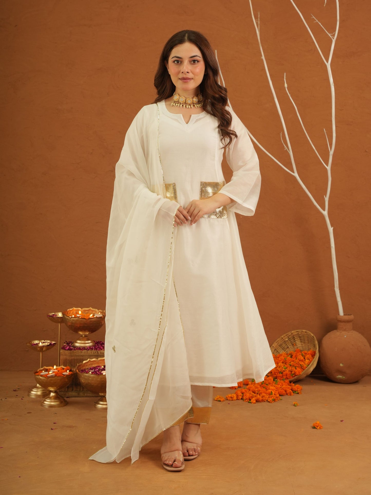 Apsaara White Chanderi Gota Suit Set