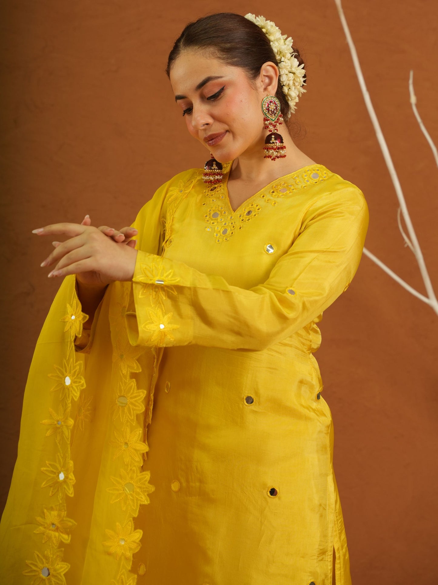 Hayaat Yellow Silk Mirrorwork Suit Set
