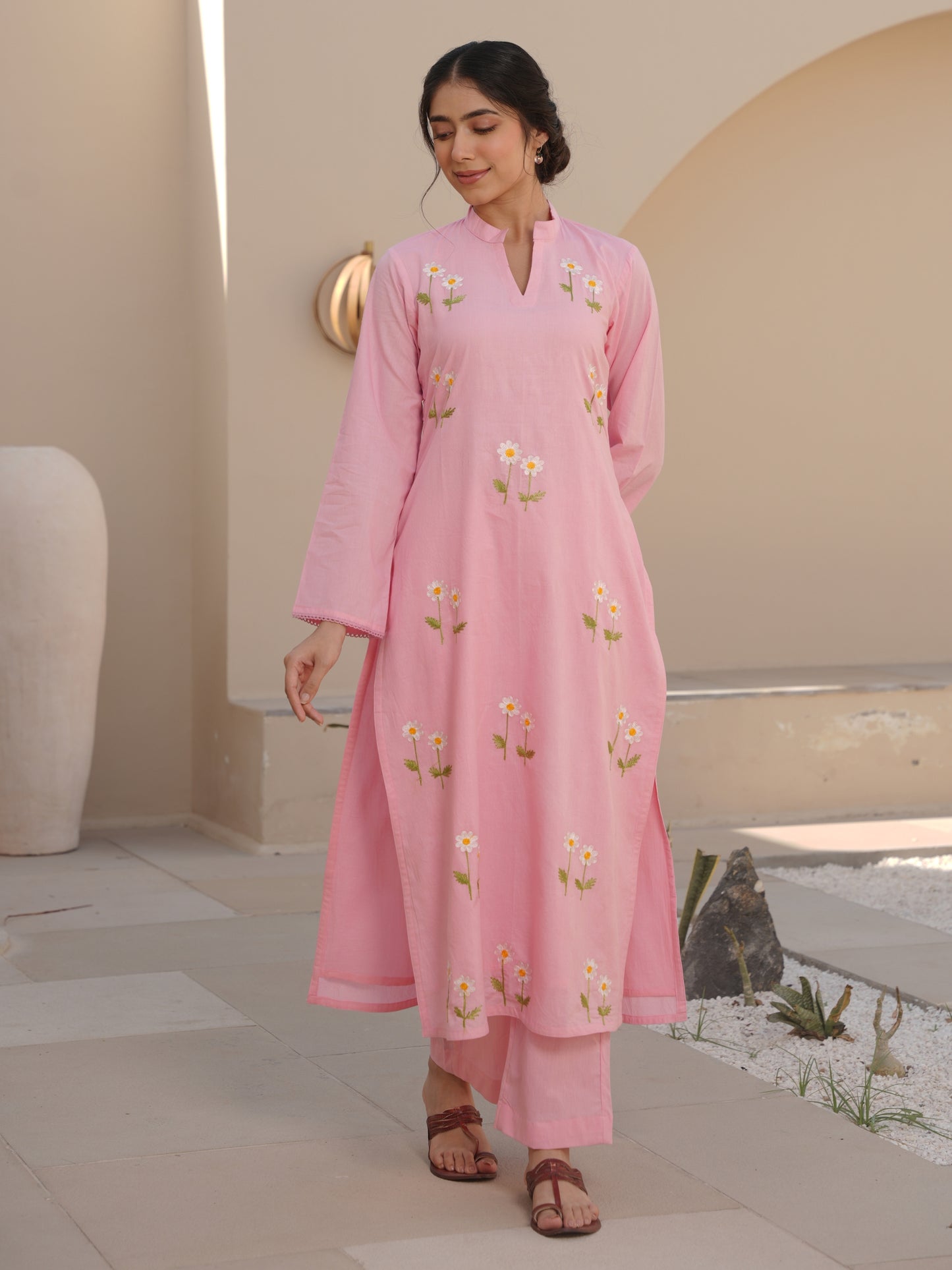 PEONY PINK COTTON FLORAL EMBROIDERED SUIT SET