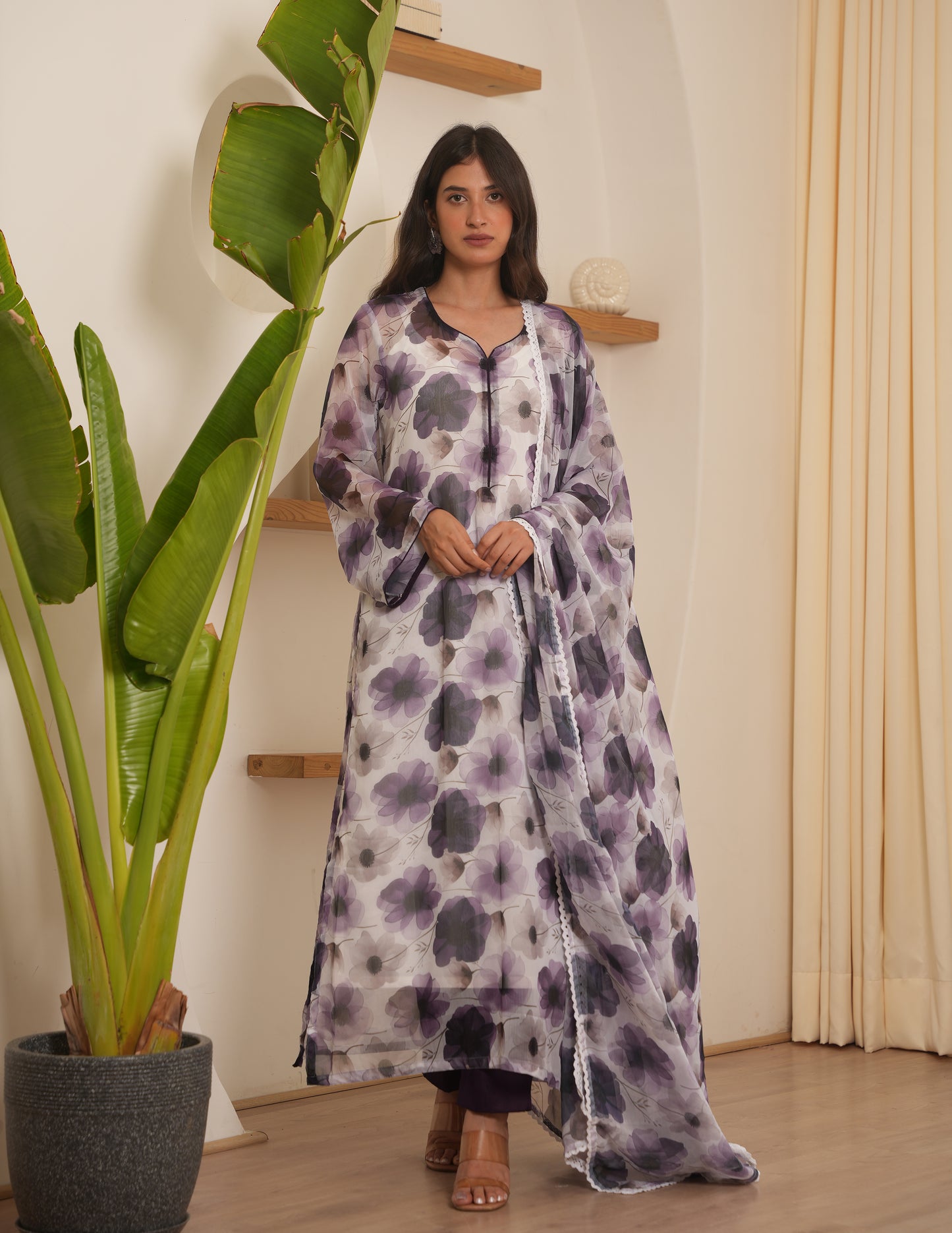 Plumeria Chiffon Floral Straight Suit Set