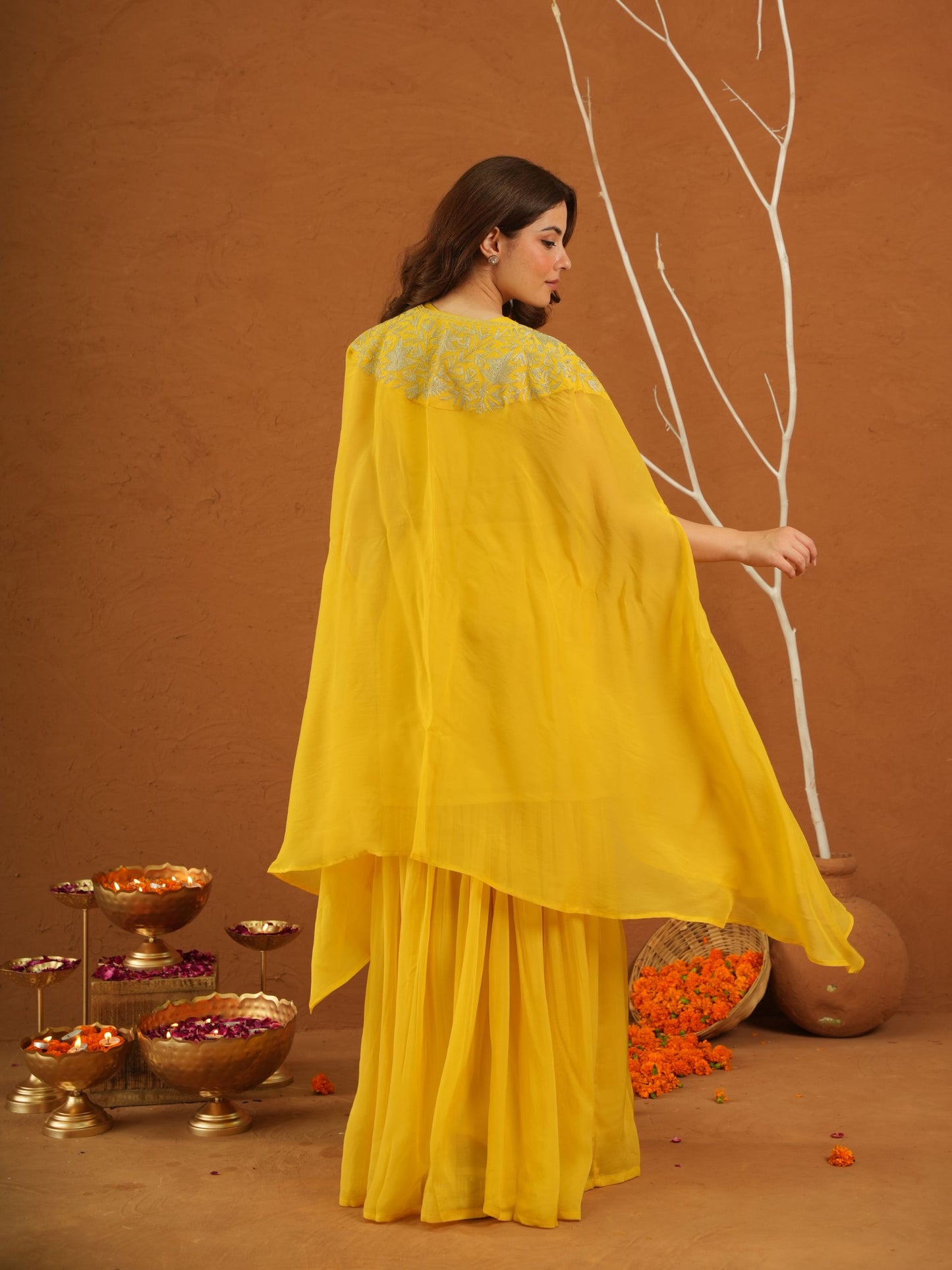 Parizet Yellow Zariwork Sharara Jacket Set