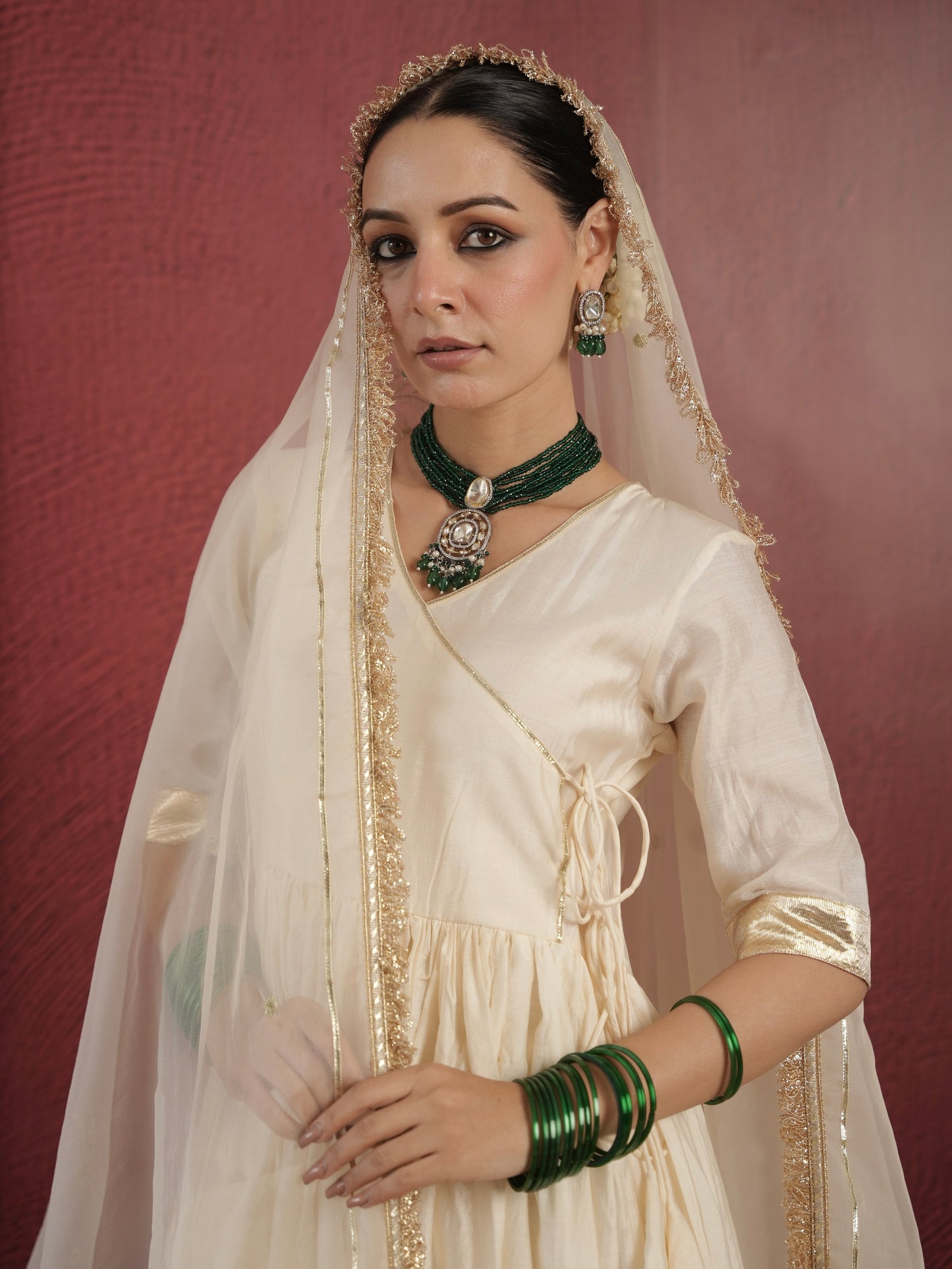 CHAAND OFF WHITE CHANDERI ANGRAKHA ZARIWORK SUIT SET