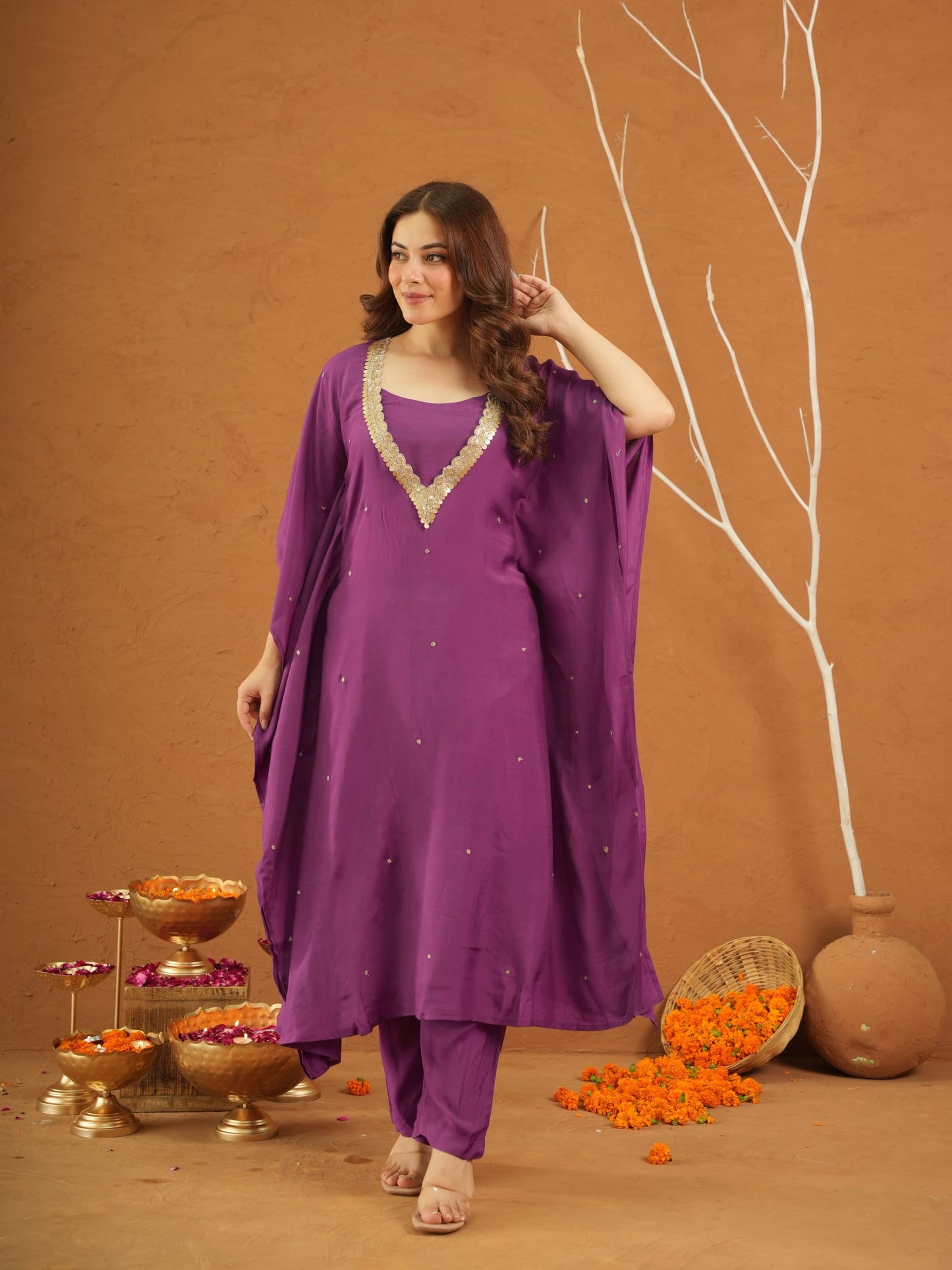 Kohinoor Purple Maslin Aari Kaftan Set