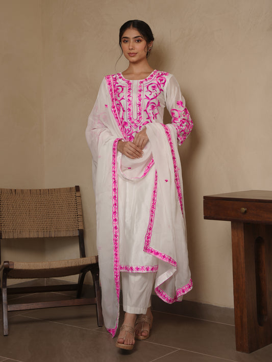 BLOSSOM WHITE CHANDERI EMBROIDERY SUIT SET