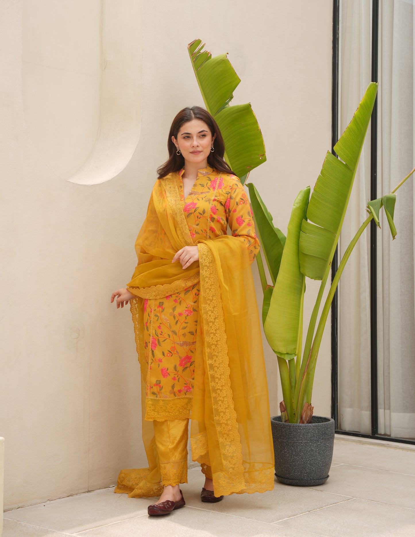 Saaya Yellow Chanderi Straight Suit Set