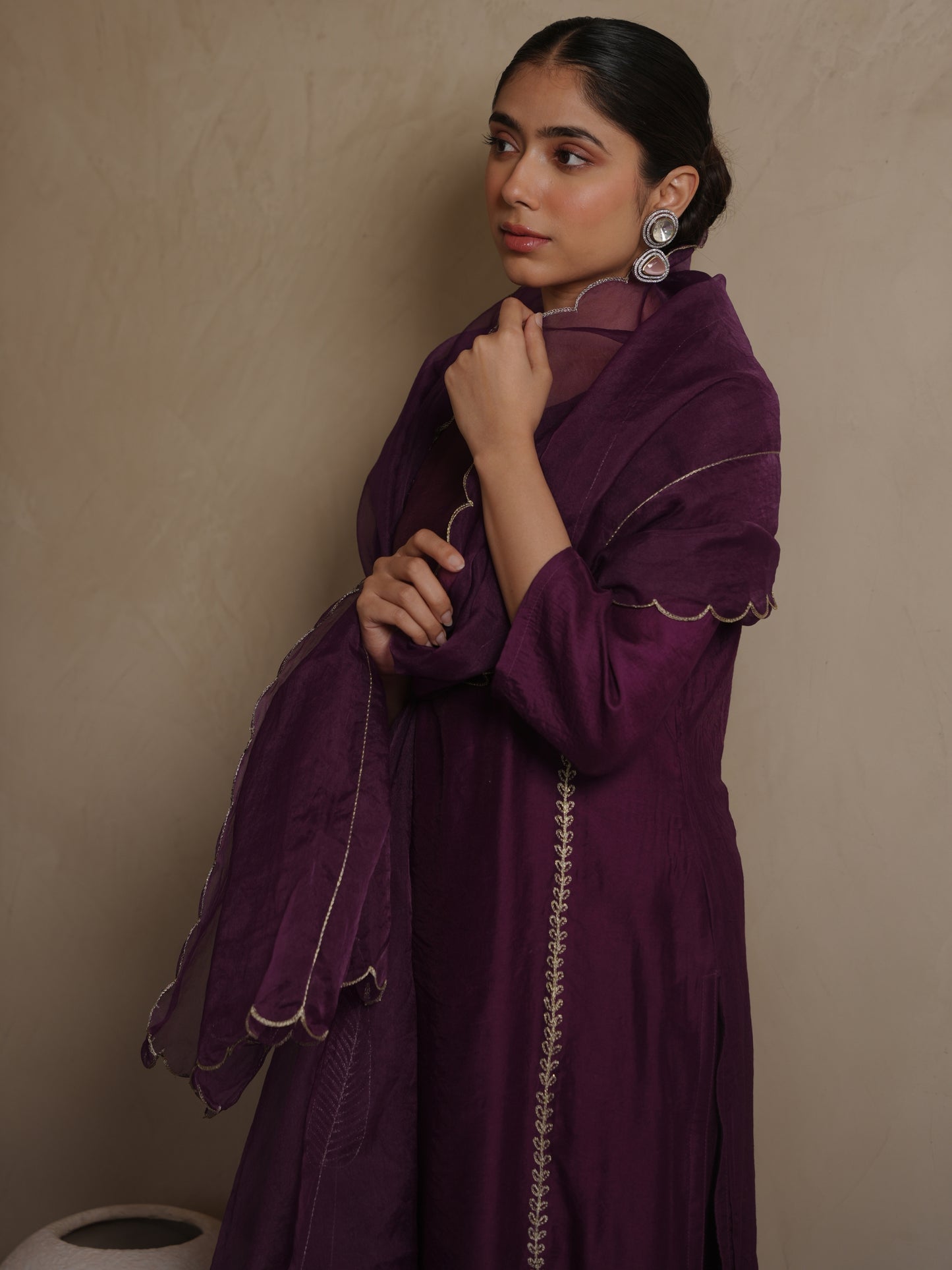 VIOLET CHANDERI AARI WORK SUIT SET