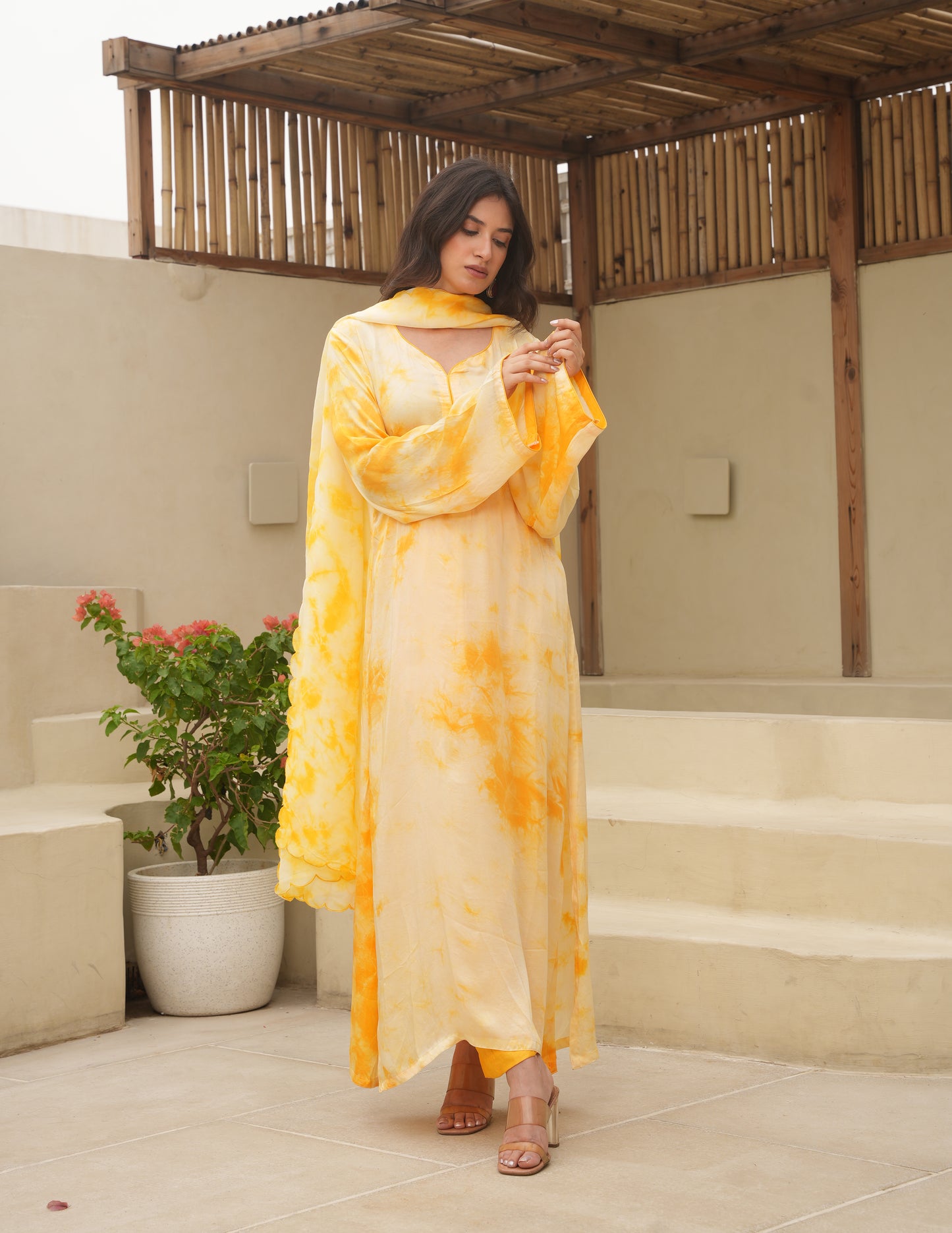 Yellow Silk Shibori Mirror Work Staright Suit Set