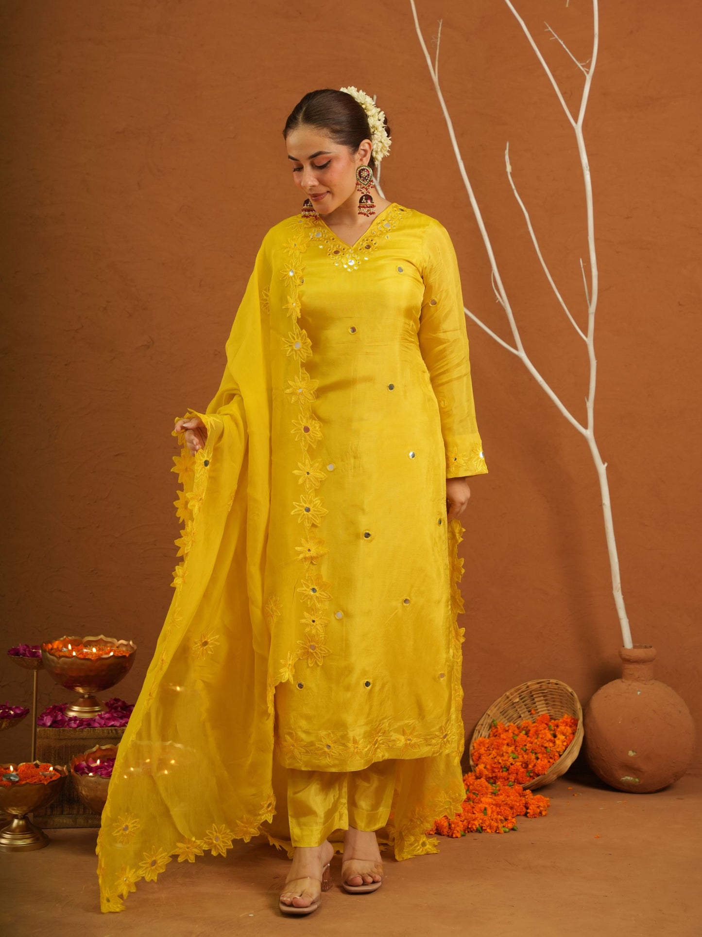 Hayaat Yellow Silk Mirrorwork Suit Set