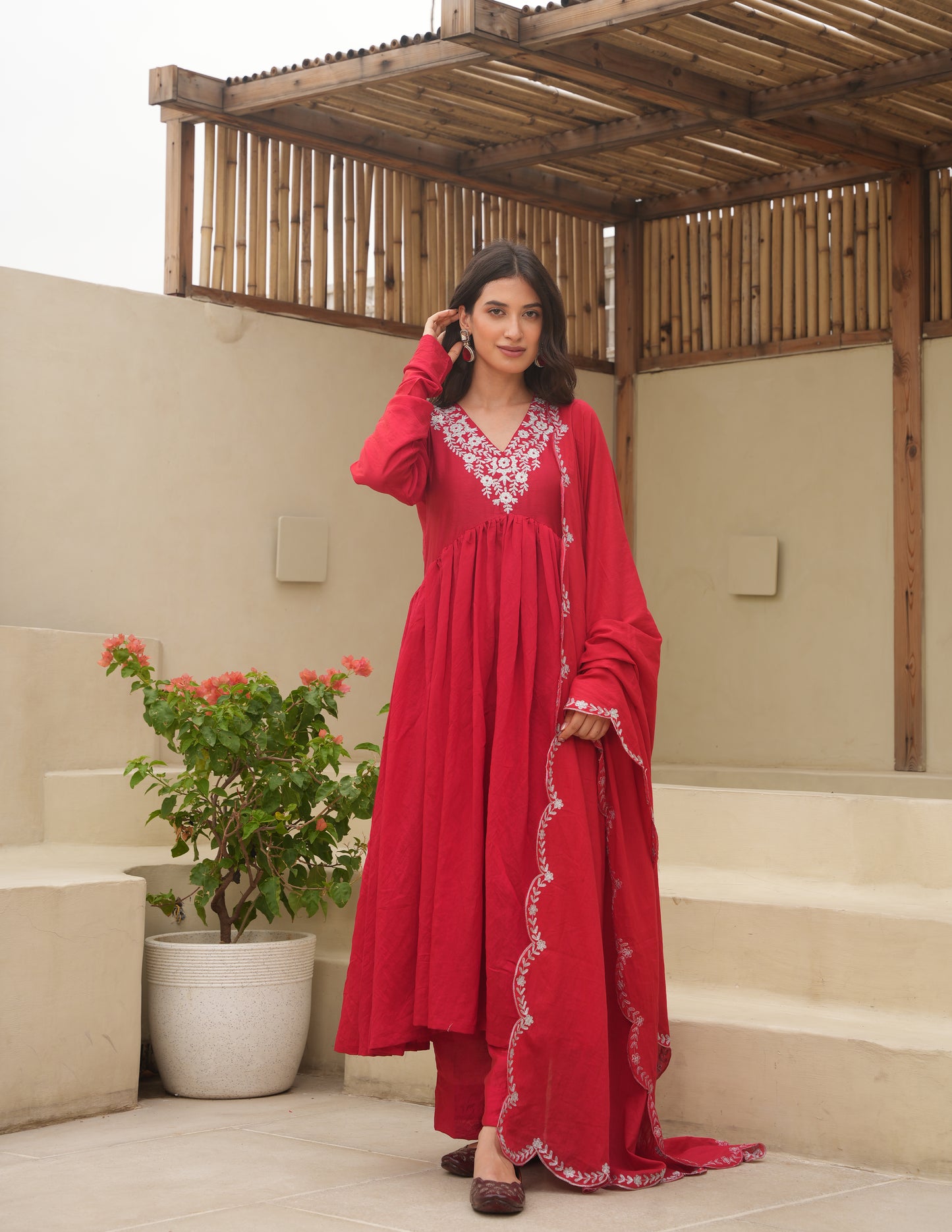 Red Chanderi Aari Embroidered Suit Set