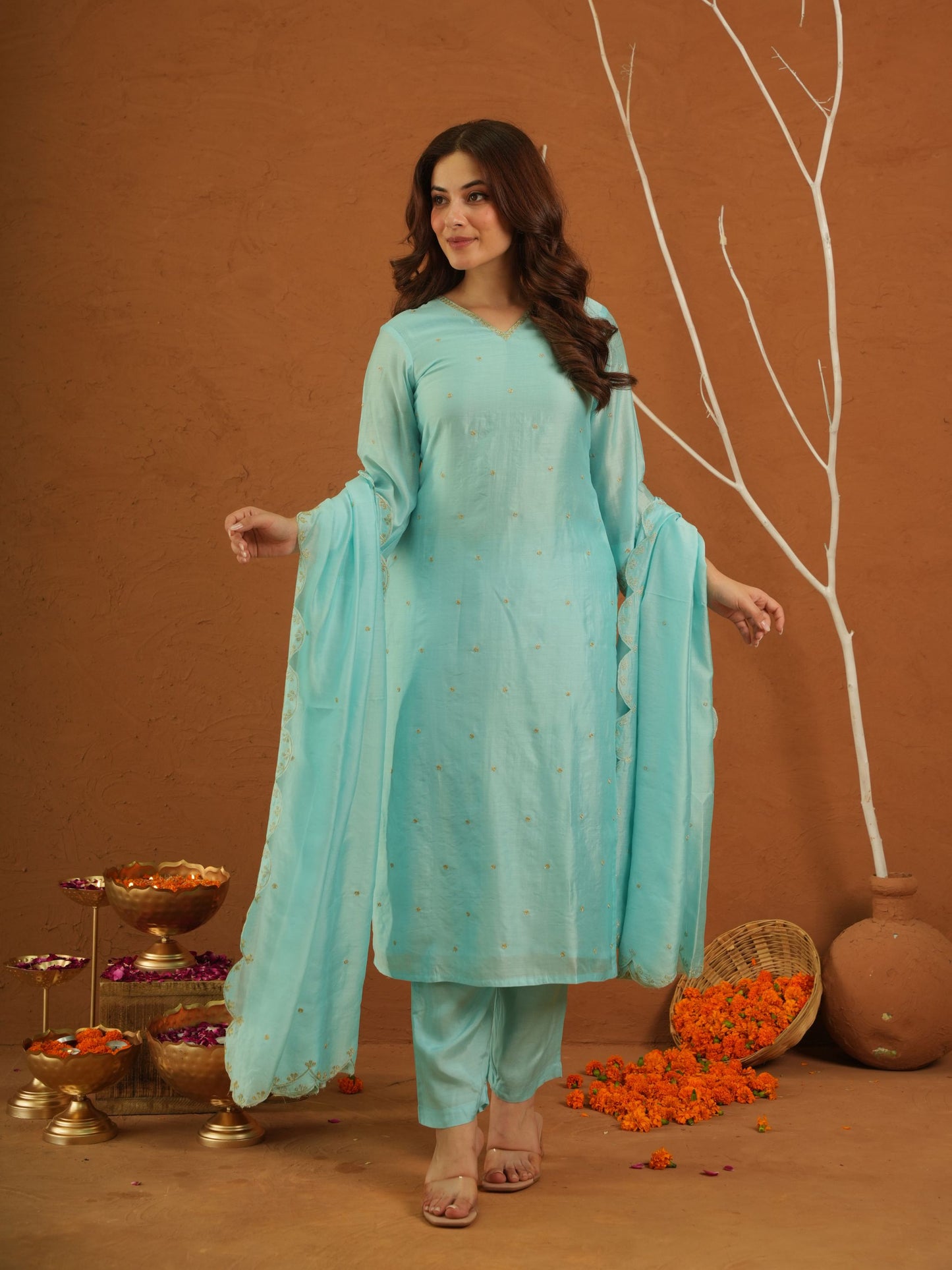 Noormahal Sky Chanderi Aariwork Suit Set