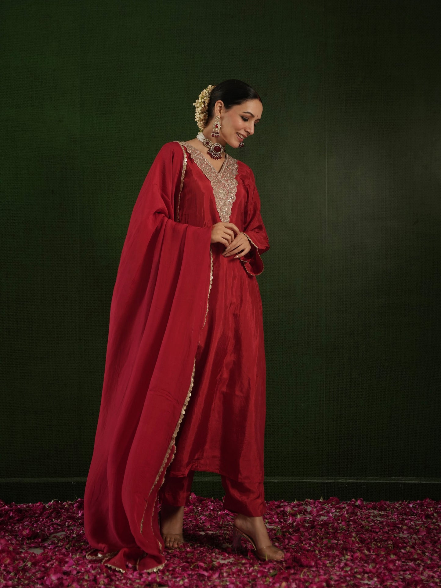 CHAAND DARK RED SILK ZARIWORK SUIT SET