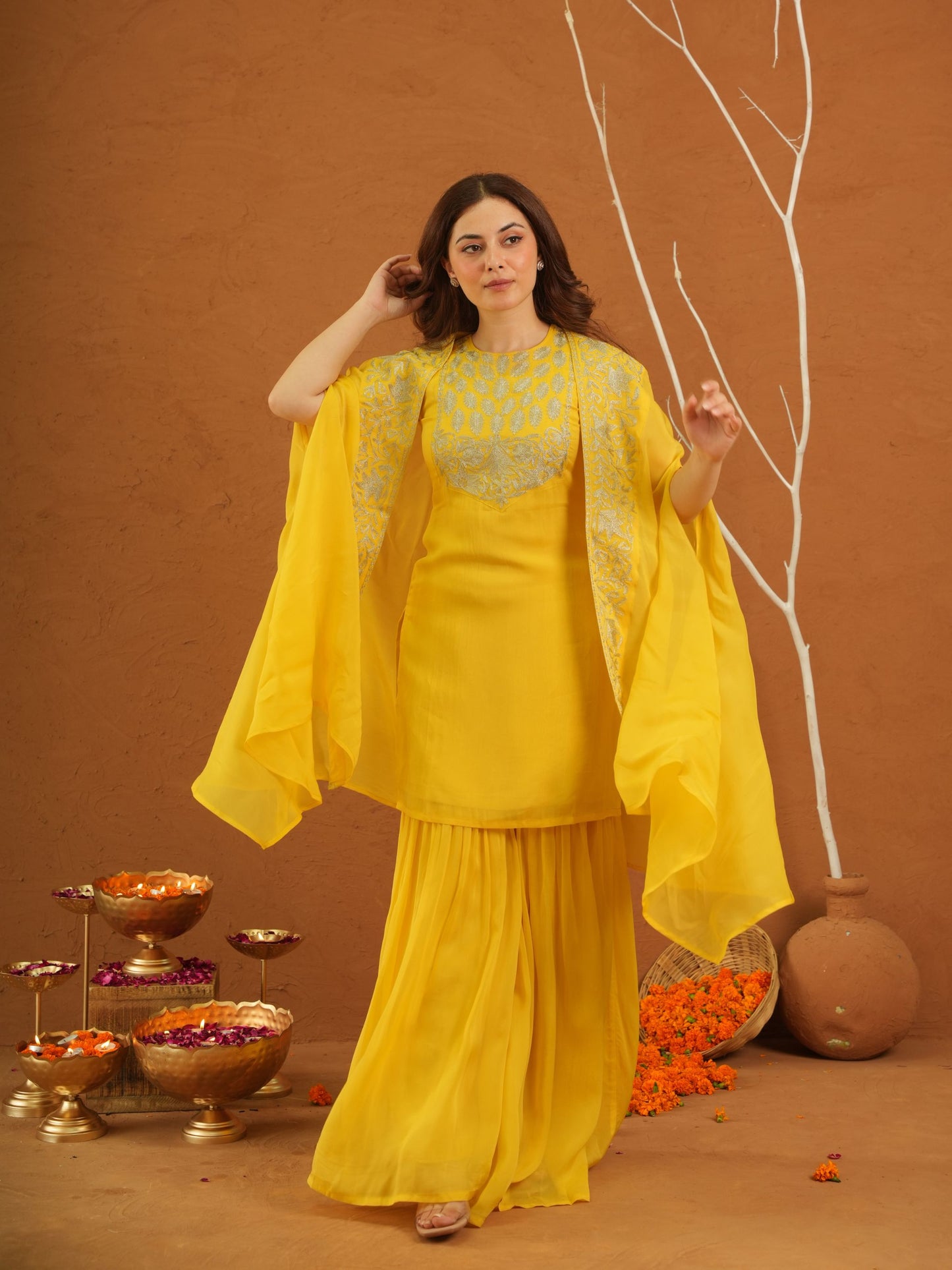 Parizet Yellow Zariwork Sharara Jacket Set