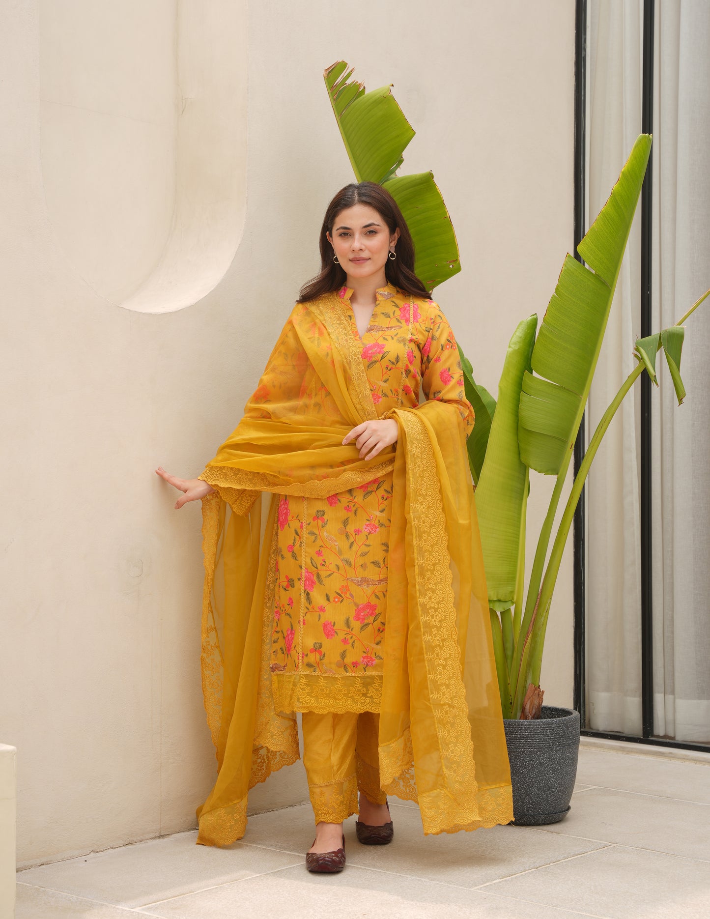 Saaya Yellow Chanderi Straight Suit Set