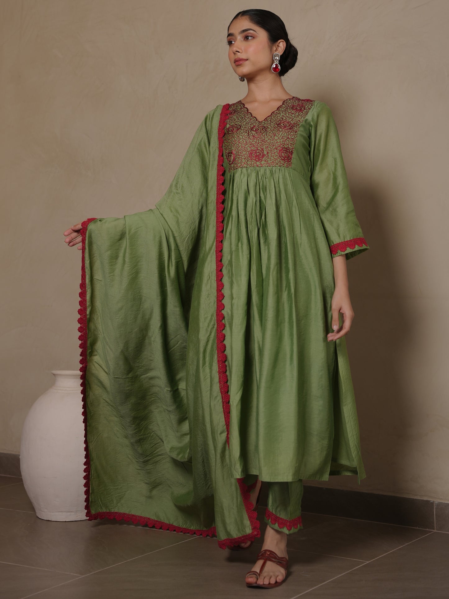GAZANIA GREEN CHANDERI AARIWORK SUIT SET