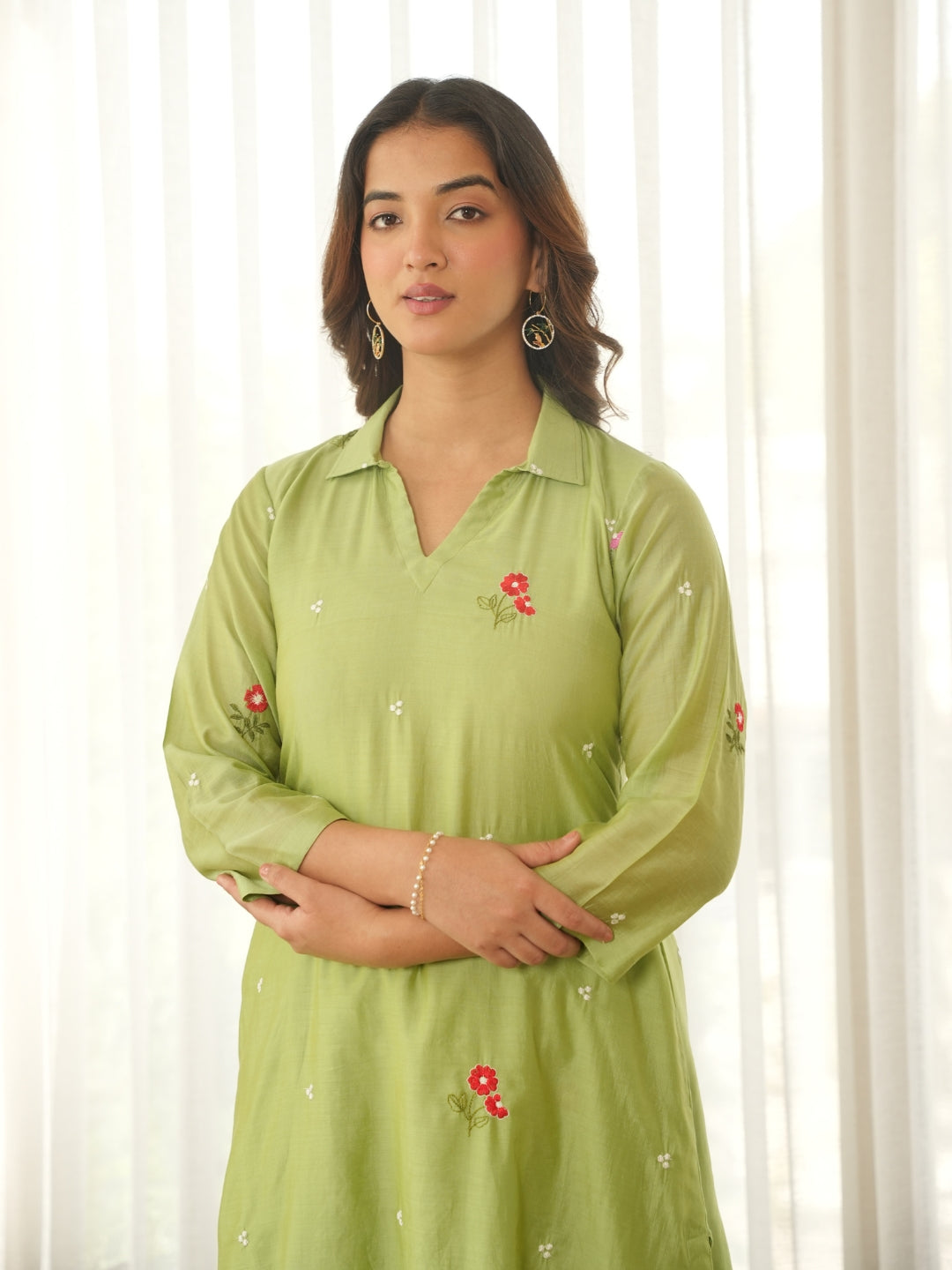 Pistachio Green Embroidered Chanderi Kurta Set with Pants