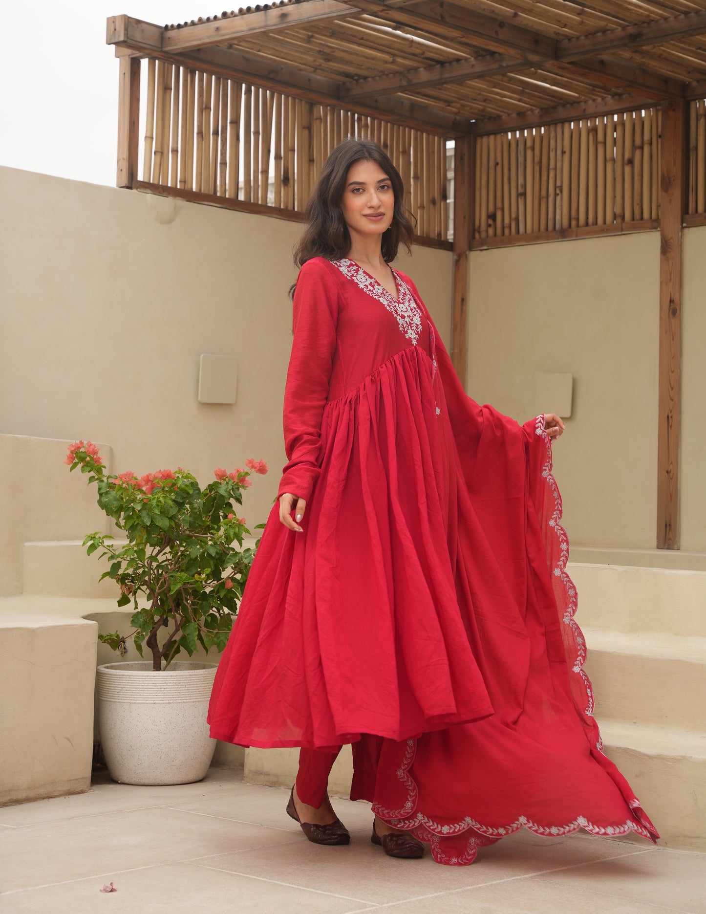 Red Chanderi Aari Embroidered Suit Set