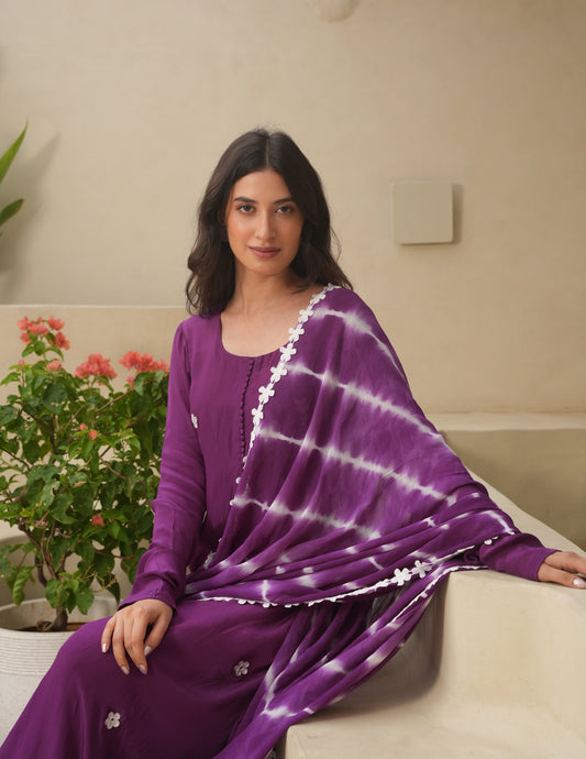 Purple Silk Embroidered Leheriya Suit Set