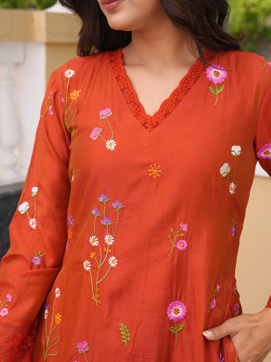 Rust Brown Chanderi Floral Embroidered Kurta Set