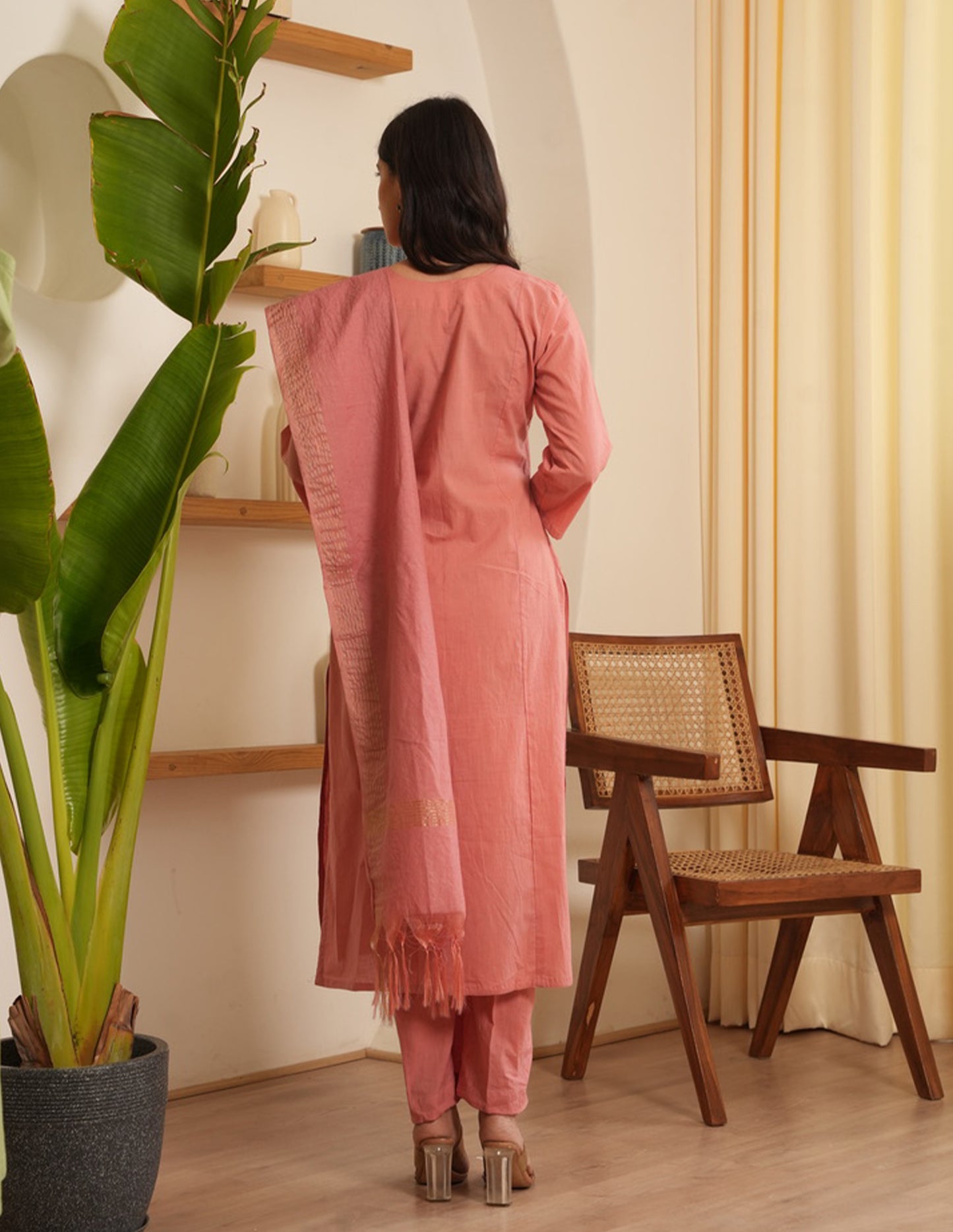 Gia Peach Cotton Straight Suit Set