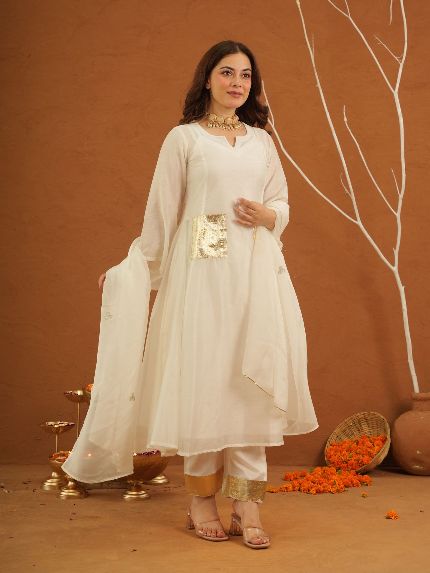 Apsaara White Chanderi Gota Suit Set