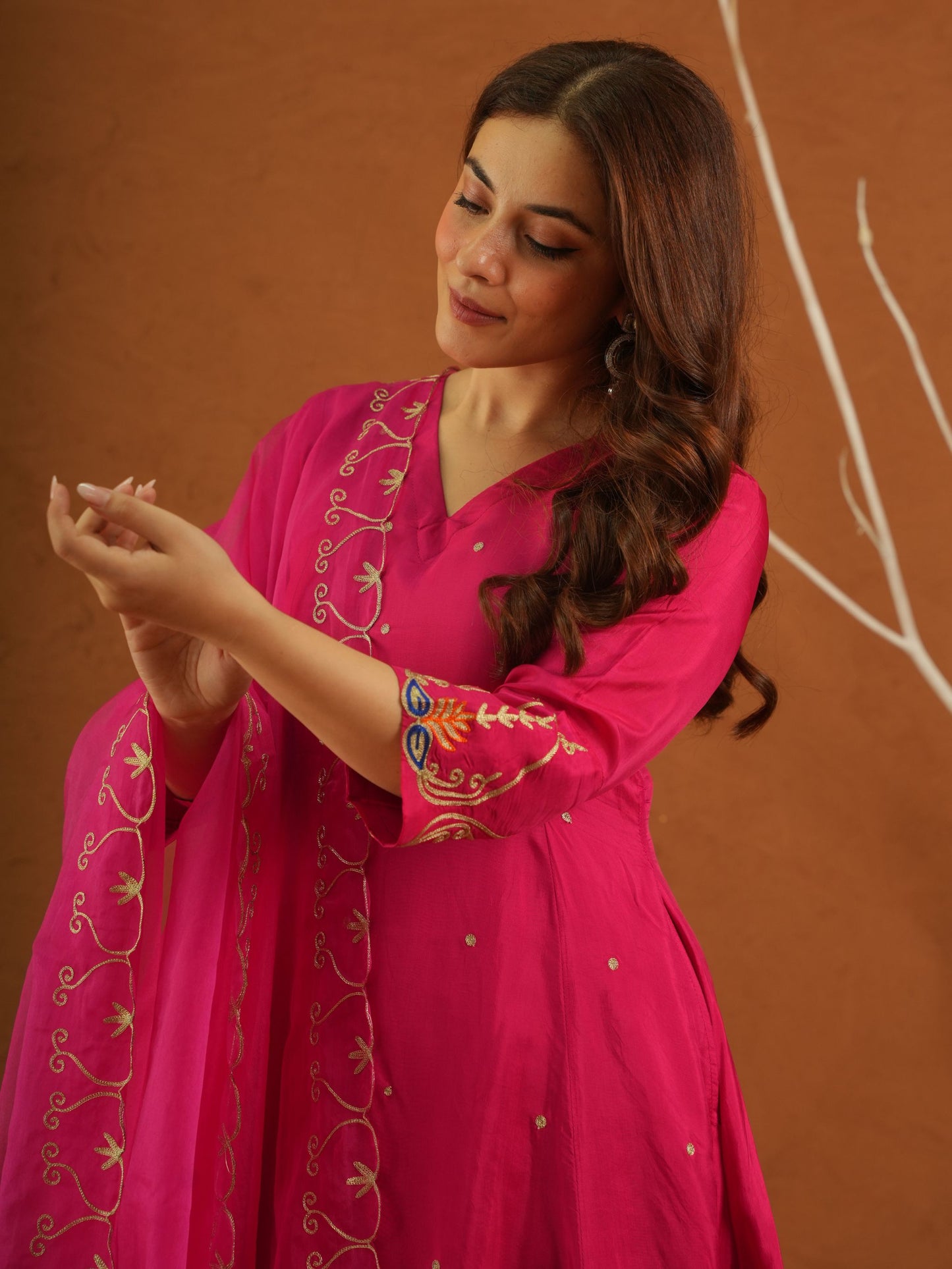 Sunehri Pink Silk Aariwork Suit Set