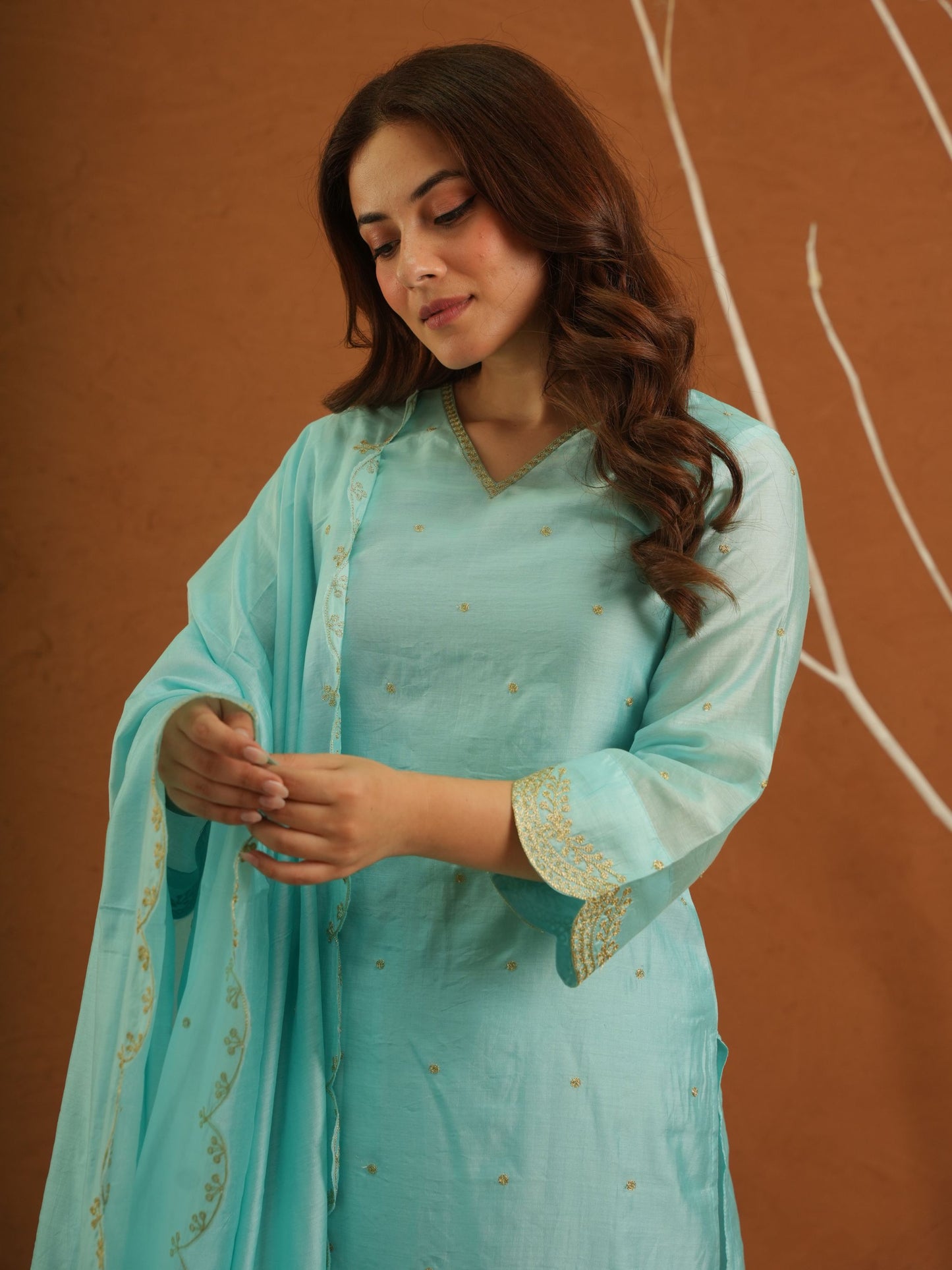 Noormahal Sky Chanderi Aariwork Suit Set