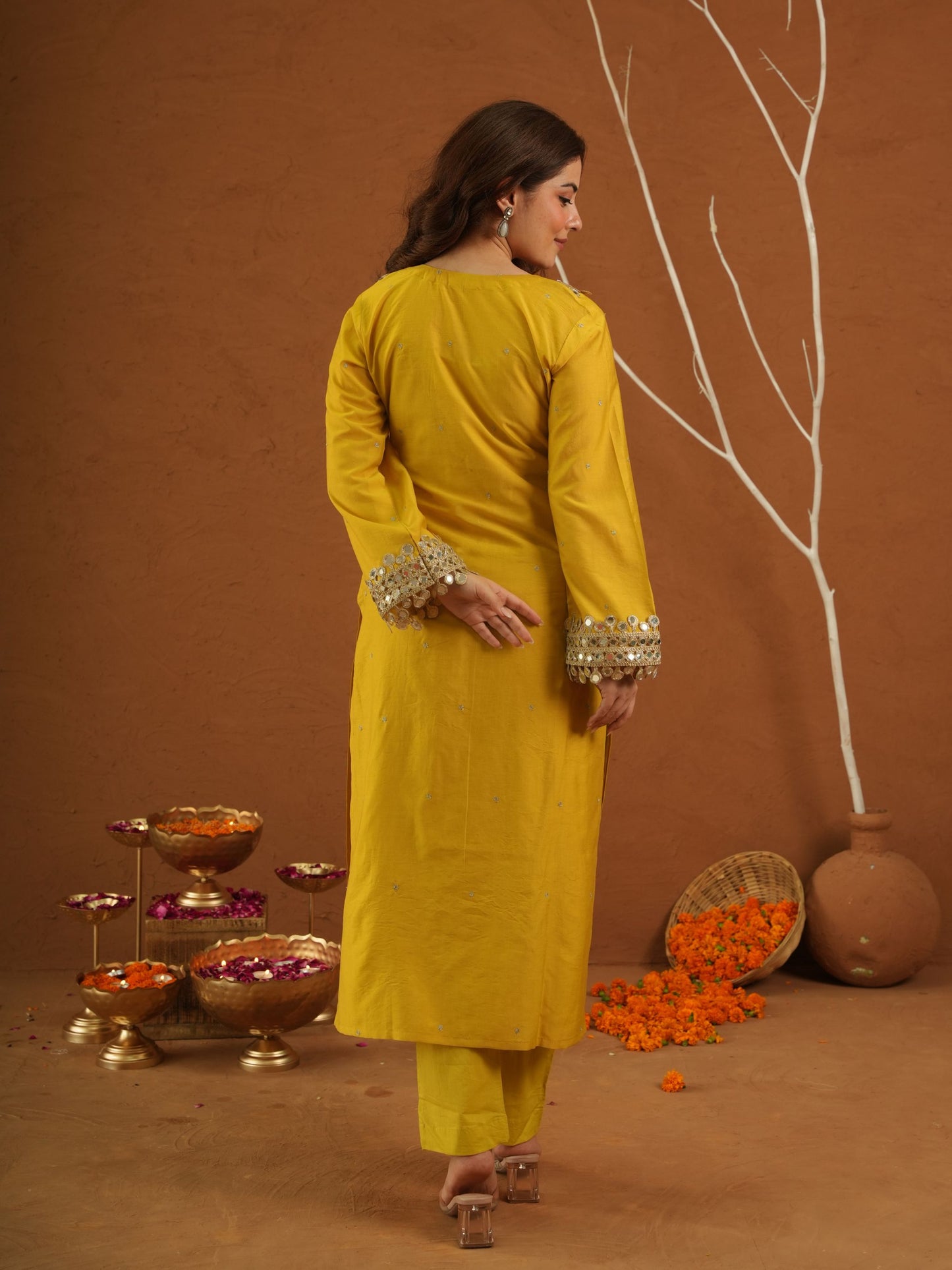 Sheeshmahal Yellow Chanderi Mirrorwork Suit Set