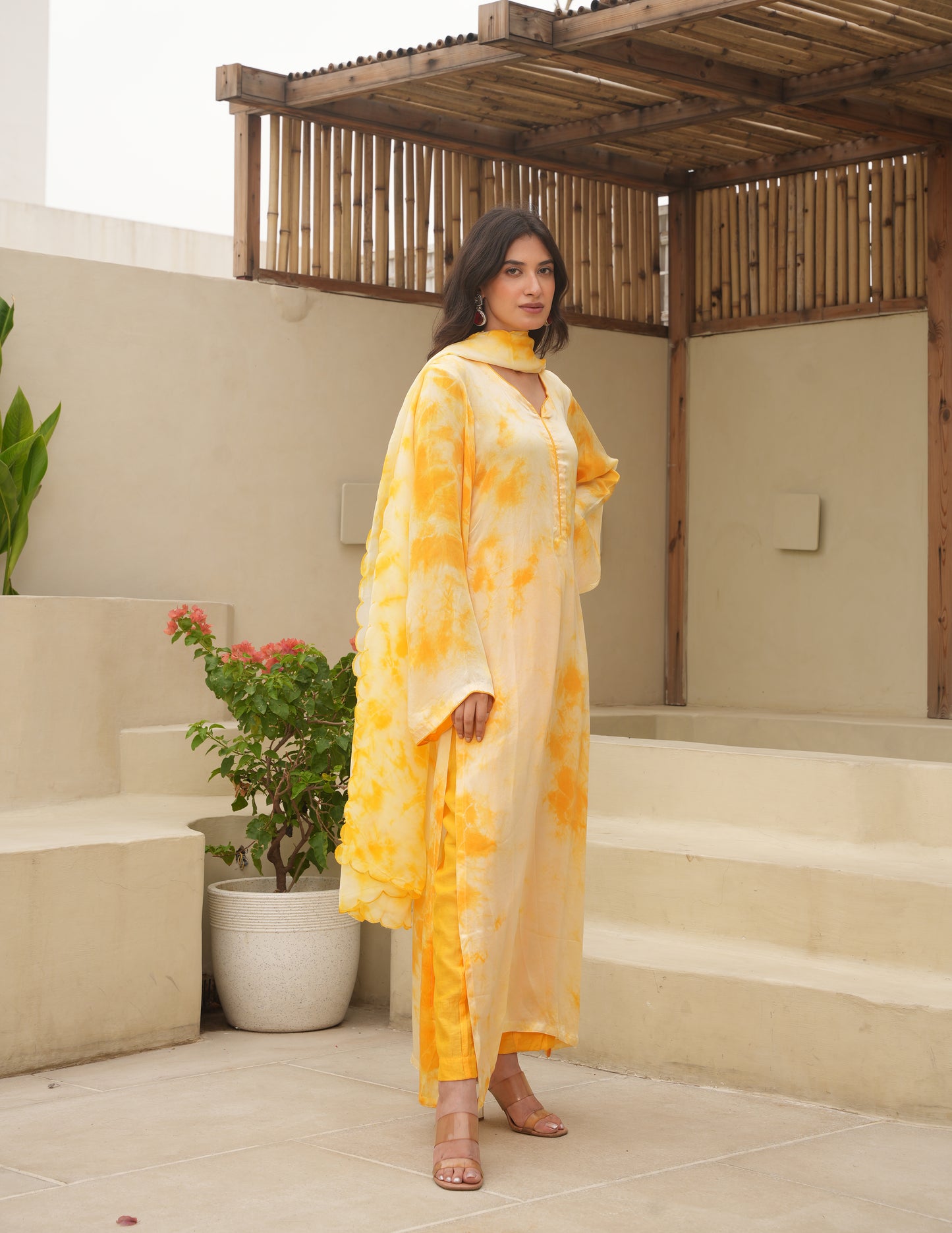 Yellow Silk Shibori Mirror Work Staright Suit Set