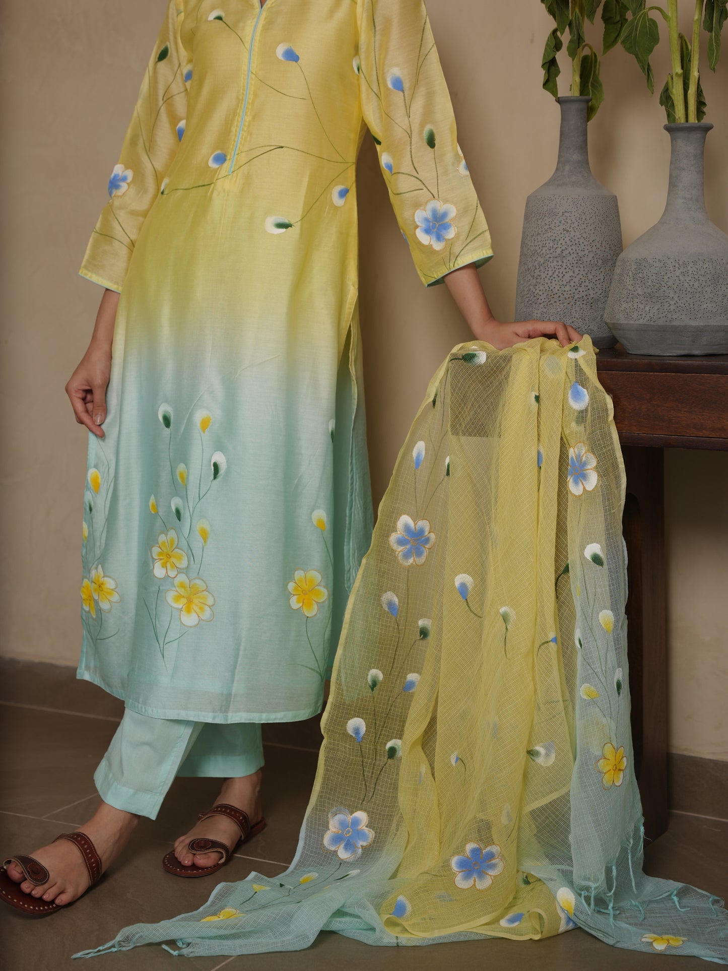 FLAMINGO YELLOW SHADED CHANDERI HAND PAINT SUIT SET