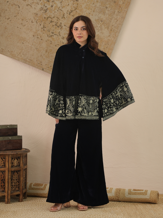 Hayat Midnight Blue Velvet Co-ord Set with Embroidered Cape