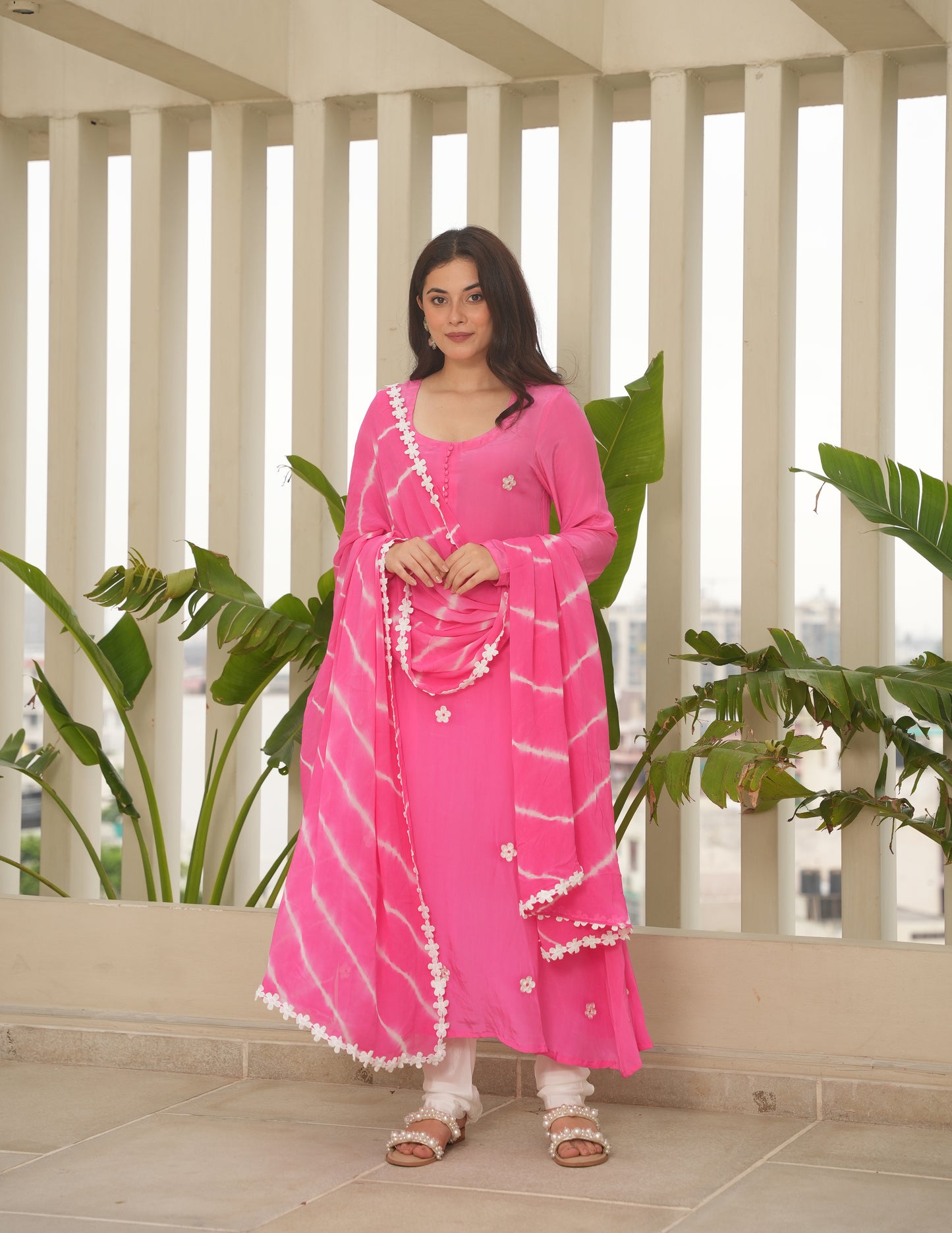Pink Silk Embroidered Leheriya Suit Set