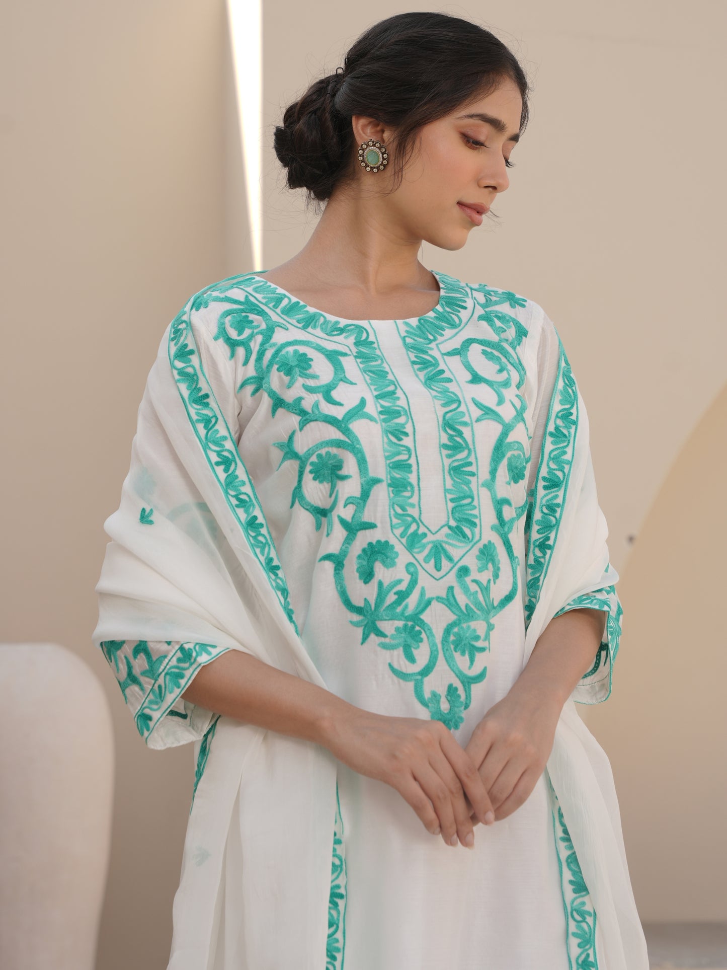 SNOWY WHITE CHANDERI EMBROIDERED SUIT SET
