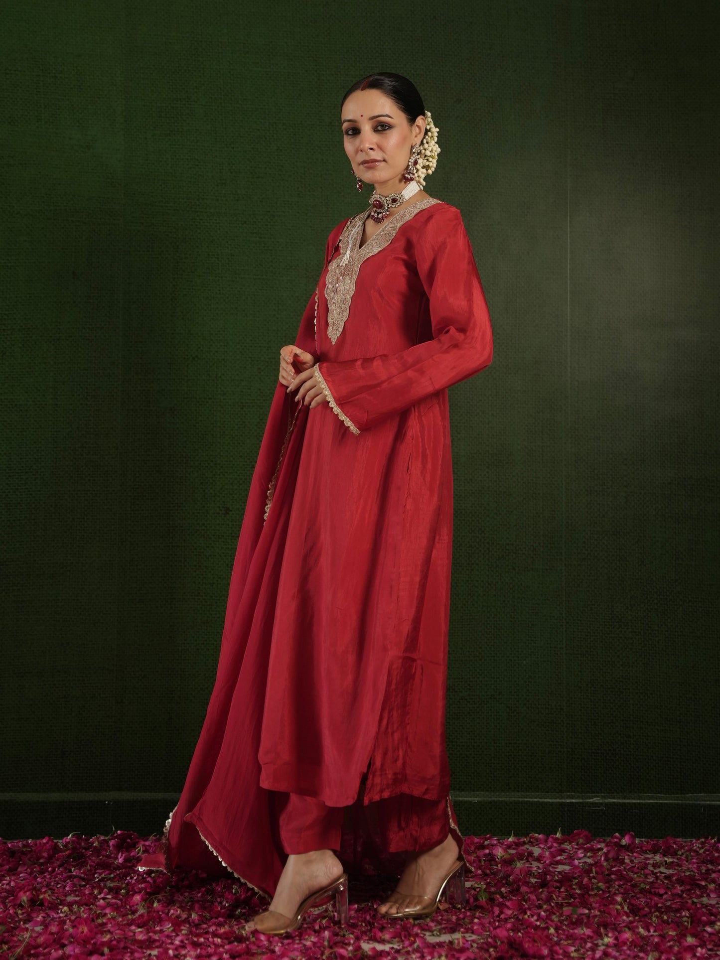 CHAAND DARK RED SILK ZARIWORK SUIT SET