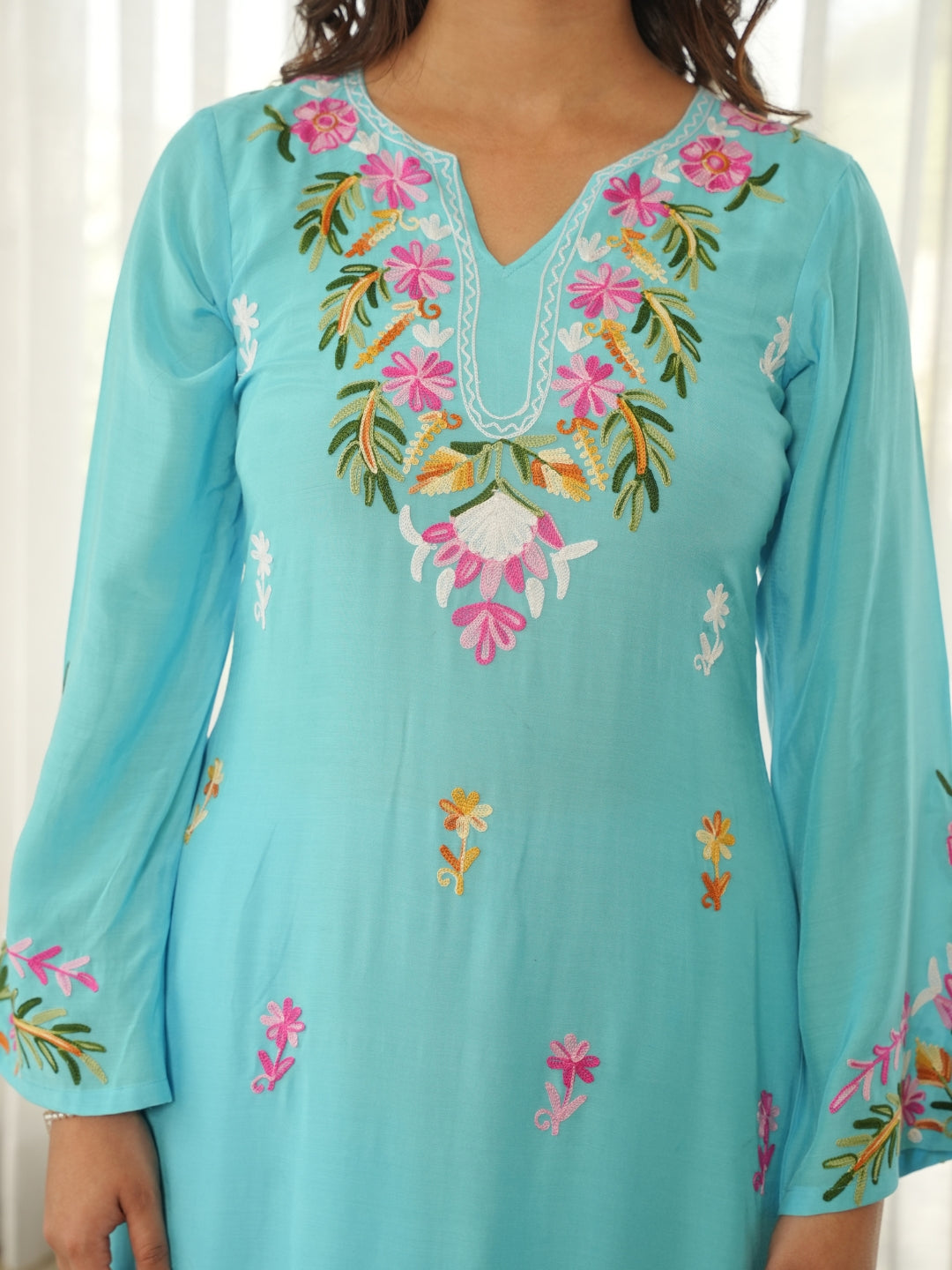 Sky Blue Floral Embroidered Muslin Kurta Set with Pants