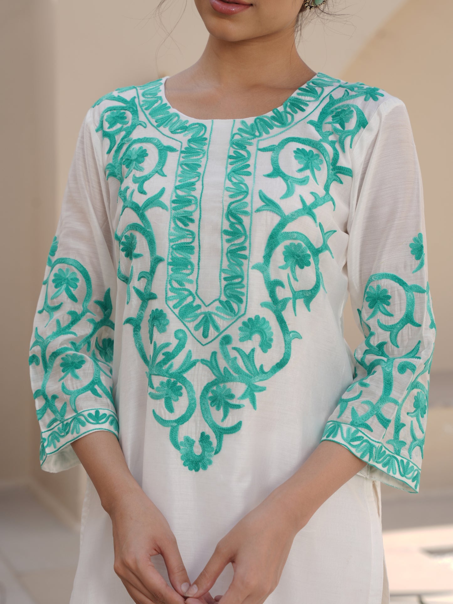 SNOWY WHITE CHANDERI EMBROIDERED SUIT SET