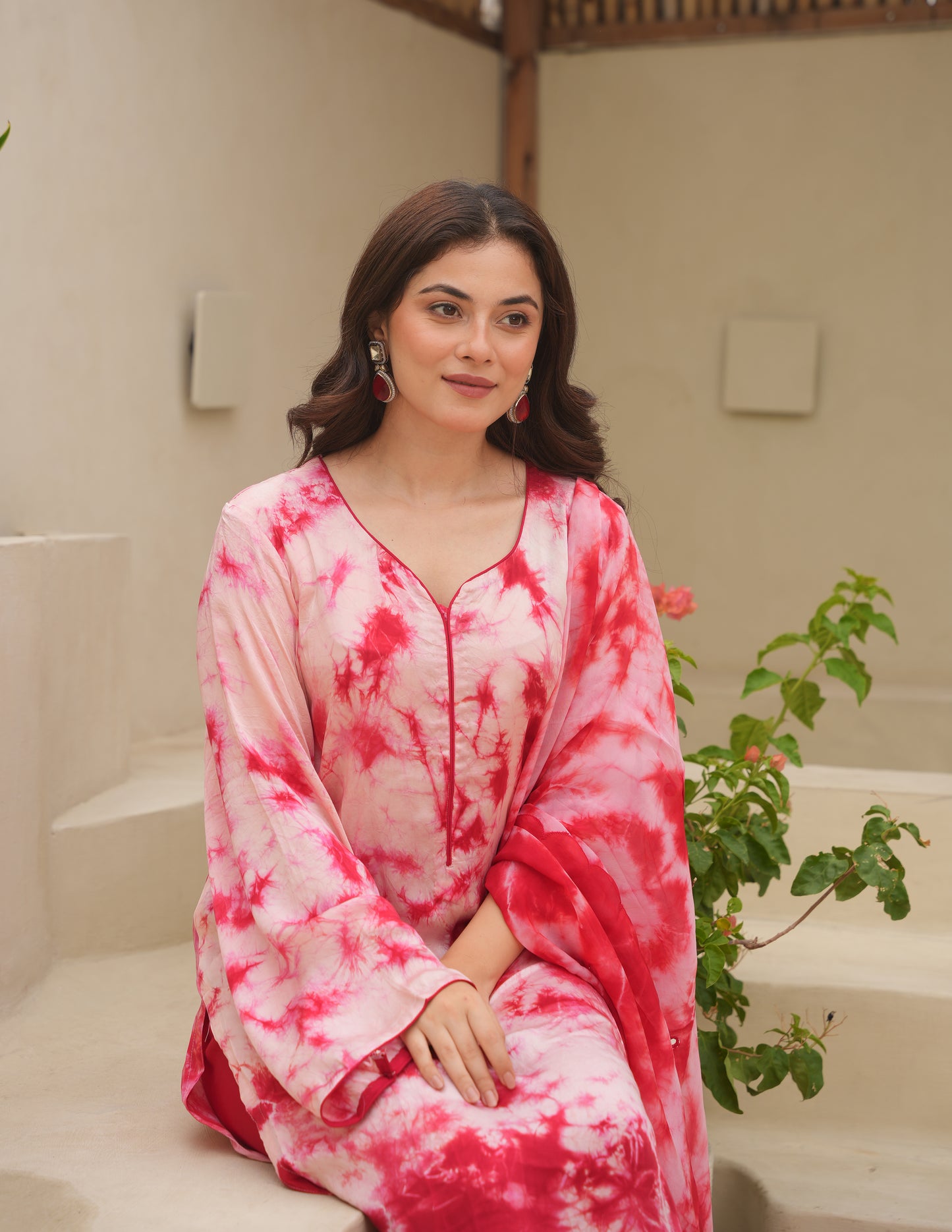 Red Silk Shibori Mirror Work Staright Suit Set