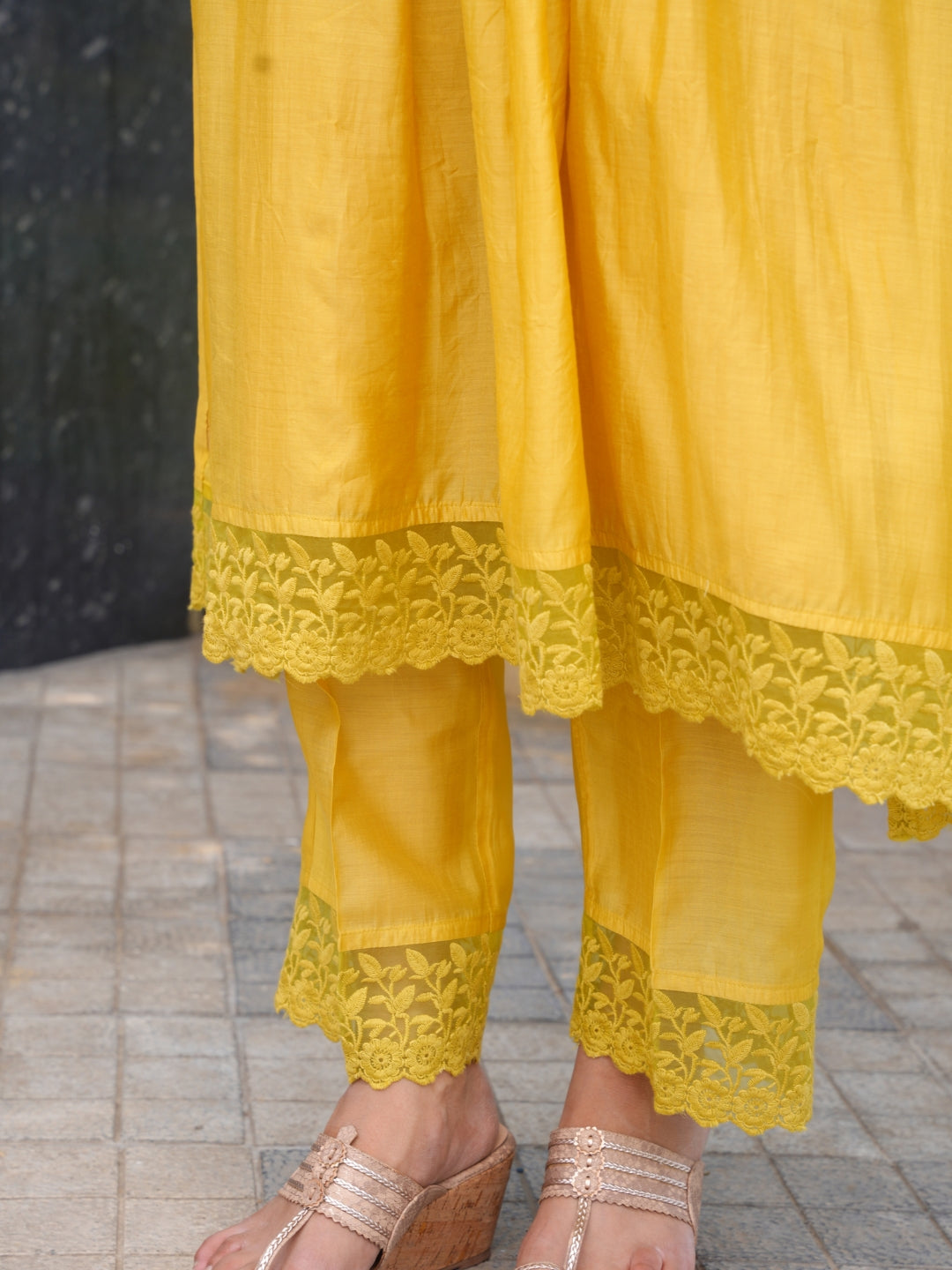 Mustard Floral Handwork Chanderi Kurta Set