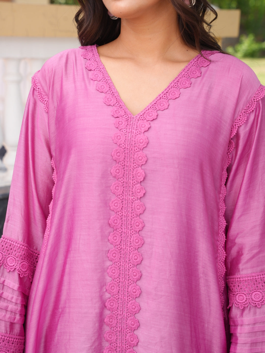 Purple Chanderi Lace Work Kurta Set