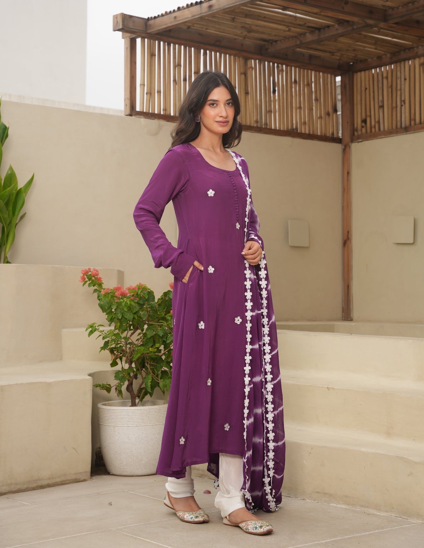 Purple Silk Embroidered Leheriya Suit Set