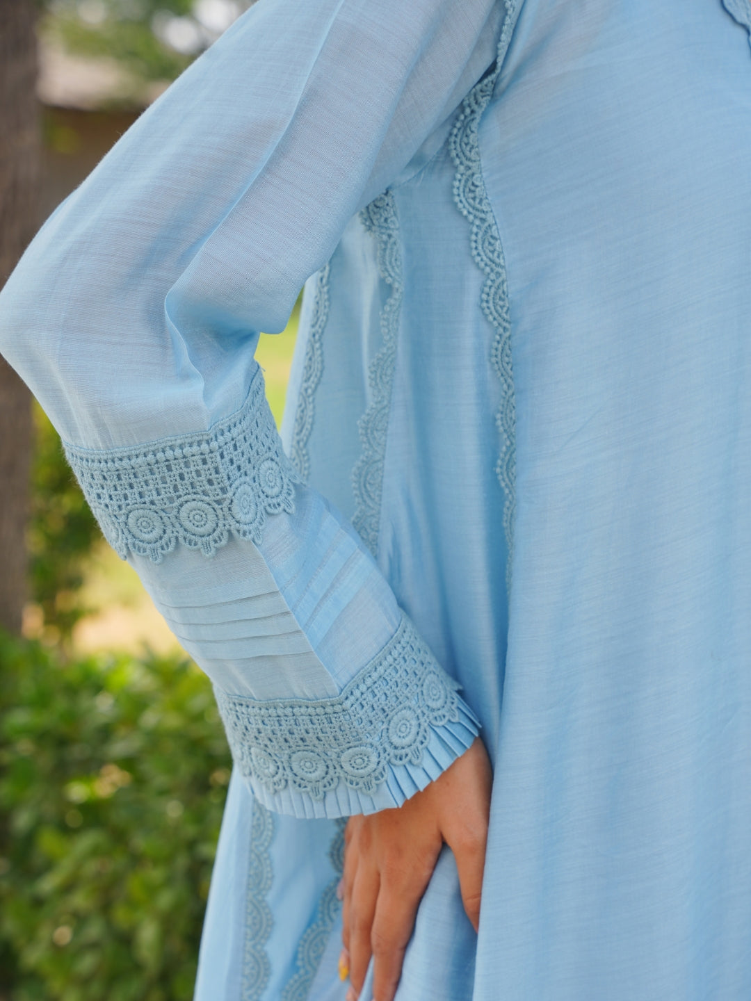 Ice Blue Chanderi Lace Work Kurta Set