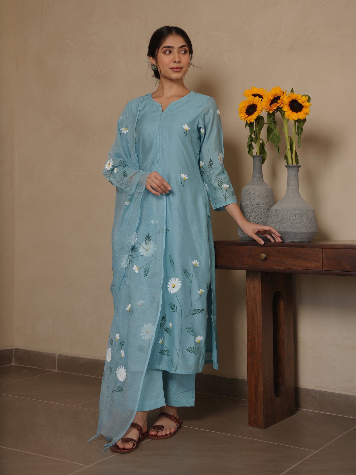 JANICA SKY CHANDERI HANDPAINT SUIT SET