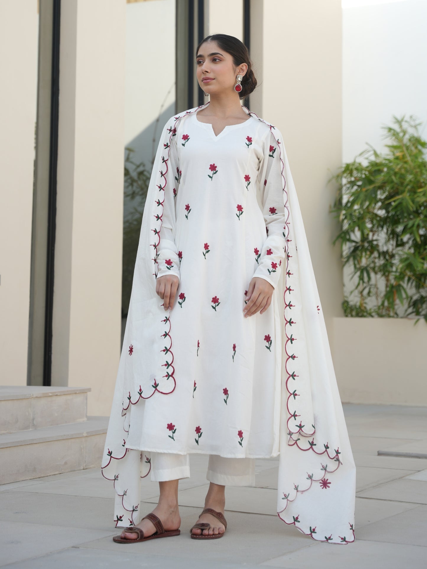 KOWHAI WHITE COTTON FLORAL EMBROIDERED SUIT SET