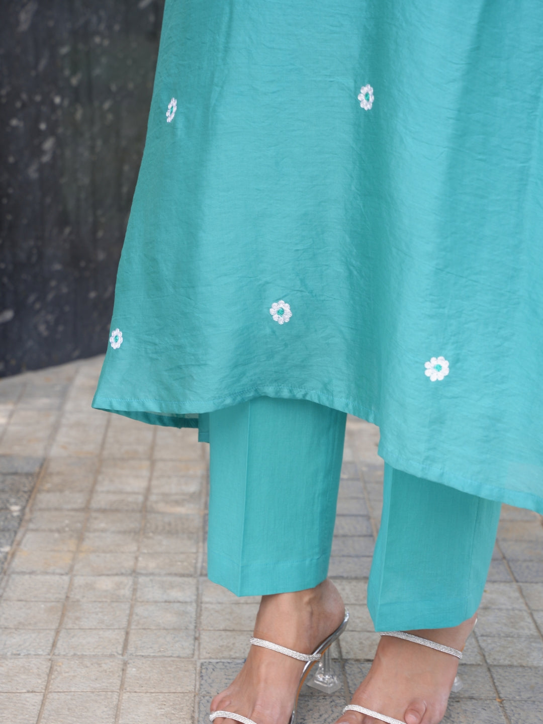 Teal Aqua Daisy Chanderi A-Line Kurta Set