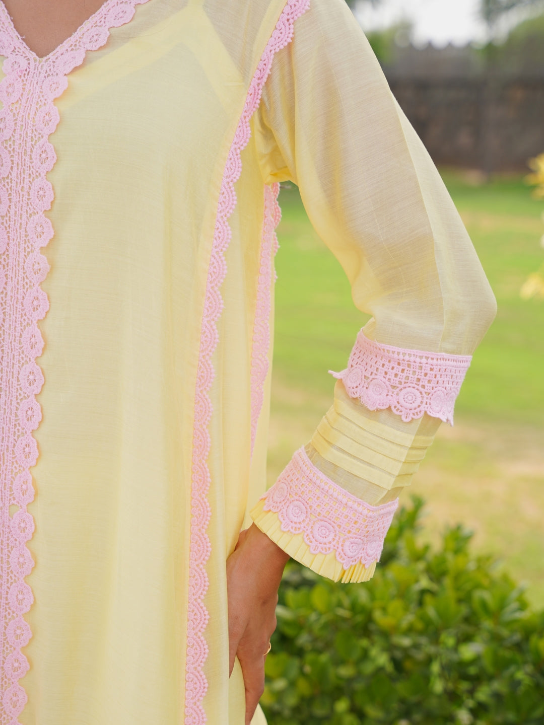 Pastel Yellow Chanderi Lace Work Kurta Set