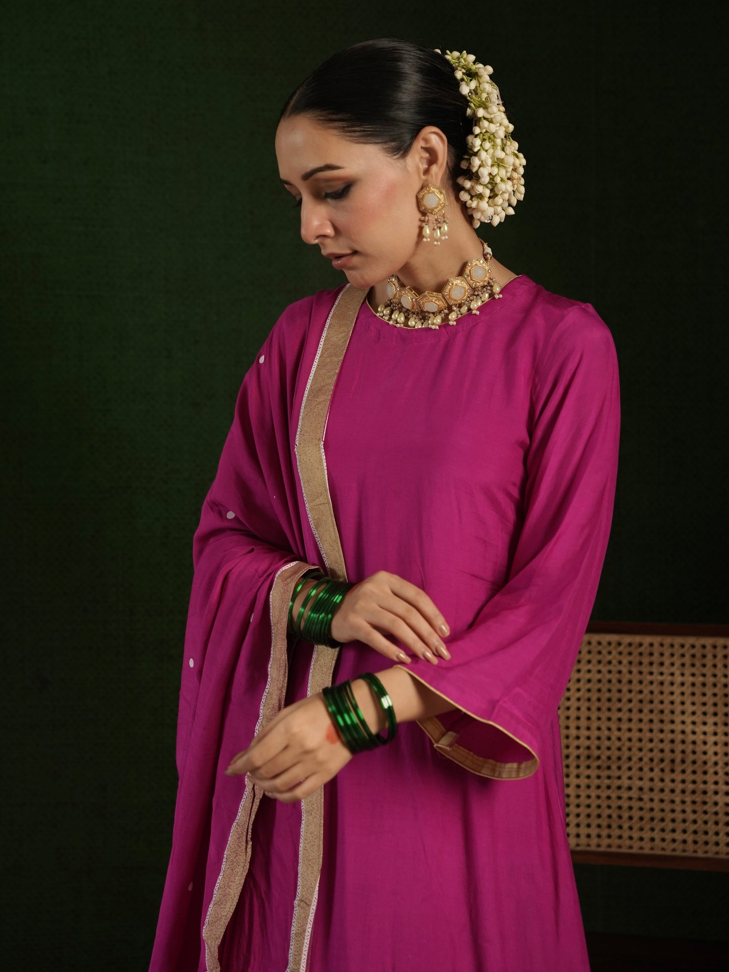 CHAAND DARK PINK MASLIN EMBROIDERY SUIT SET WITH BLOCKPRINT DUPATTA